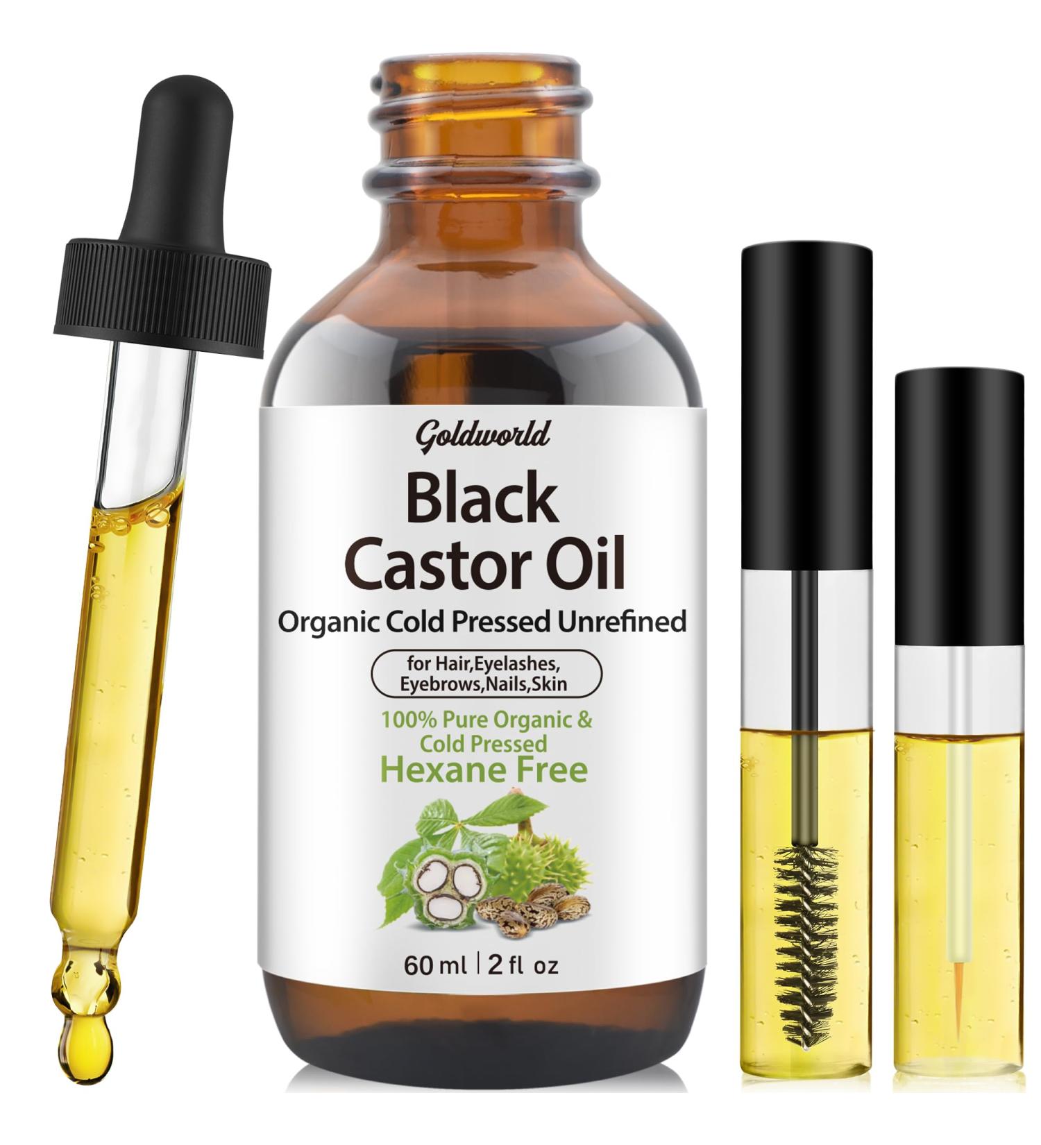 GoldWorld 100% Organic Pure Black Castor Oil - Cold Pressed Hair & Eyebrow Growth Serum | Hexane Free Unrefined Castor Oil for Skin & Body in Glass Bottle - Buy Online on GoSupps.com