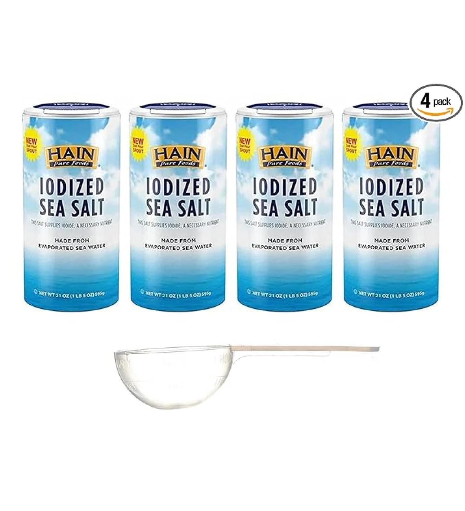 Hain Pure Foods Iodized Sea Salt 21 Oz 4-Pack + Free Measuring Spoon | 84 Oz Total | Sticker & Bubble Protection - Buy Online on GoSupps.com