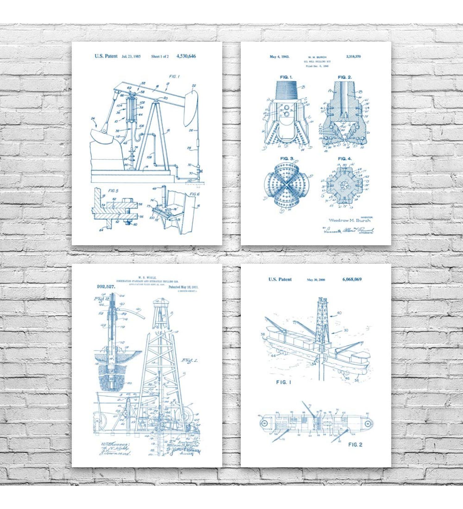 Oil Well Patent Posters Set of 4 (5x7) Energy Contractor Roughneck Gift Oil Industry Art Oil Rig Blueprint Oil Wife Gift Blue & White