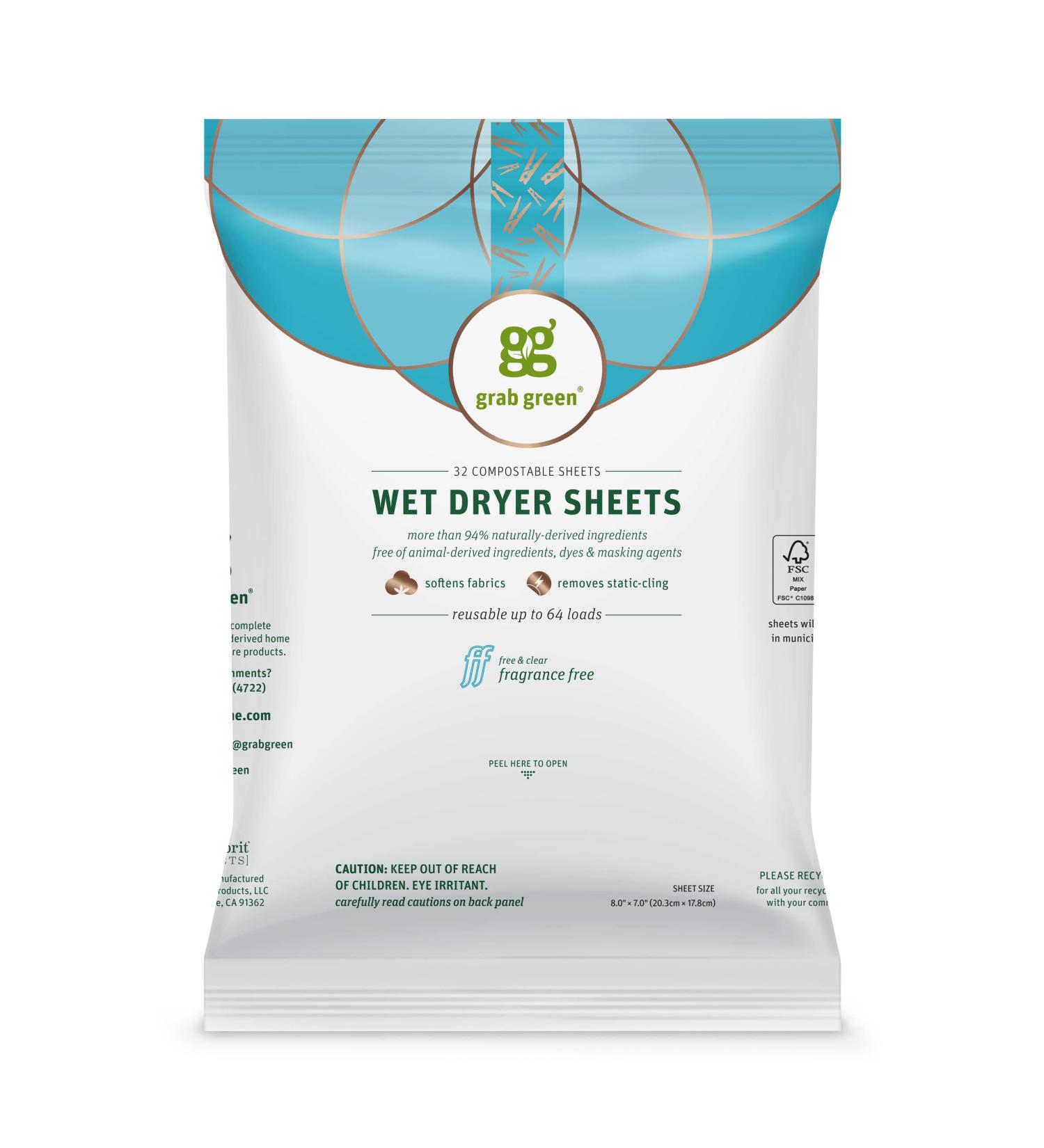 Grab Green Natural Wet Dryer Sheets Unscented/Free & Clear Fabric Softener & Static-Reducer 64 Loads Reusable & Compostable Fragrance Free Wet Sheets-Fragrance Free 32 Count (Pack of 1)