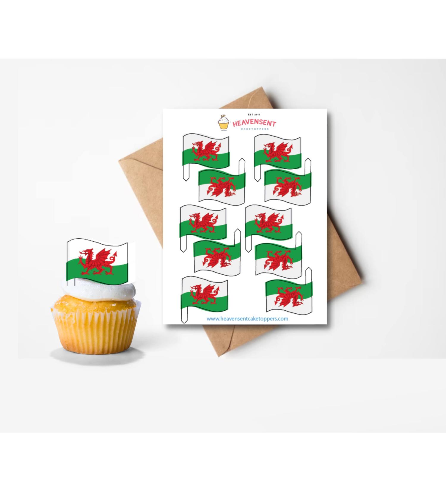 20x Pre-cut Wales Welsh St David's Day Flags Edible Thick Wafer Card Standing Cupcake Toppers Birthday Party Cake Decorations