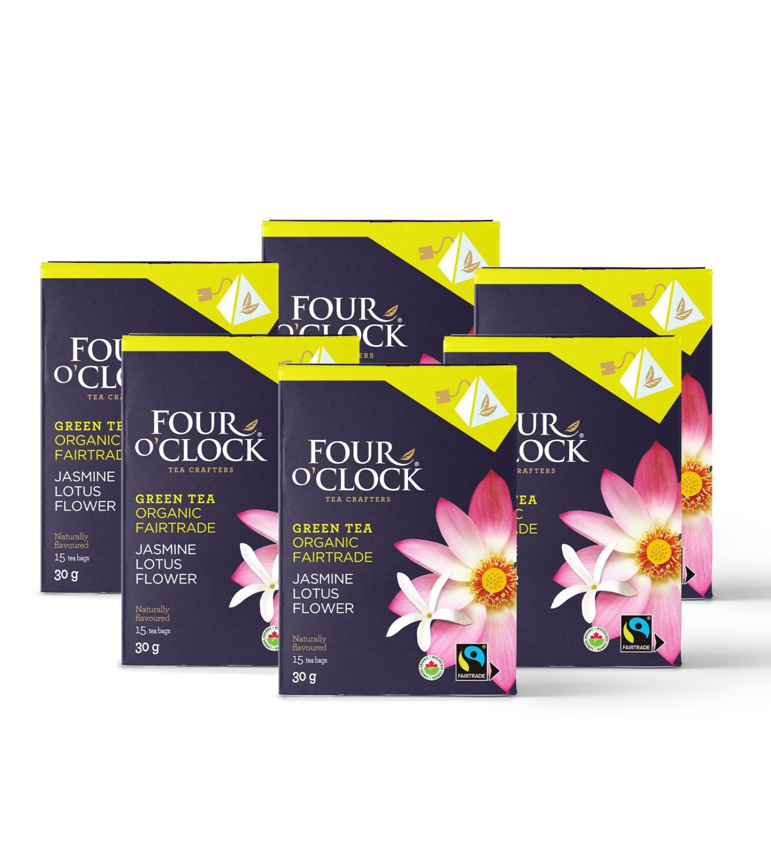 Four O'Clock Jasmine Lotus Flower Green Tea Organic Fairtrade Non-Gmo Kosher Gluten-Free 6 packs of 15 Pyramid Teabags - Buy Online on GoSupps.com