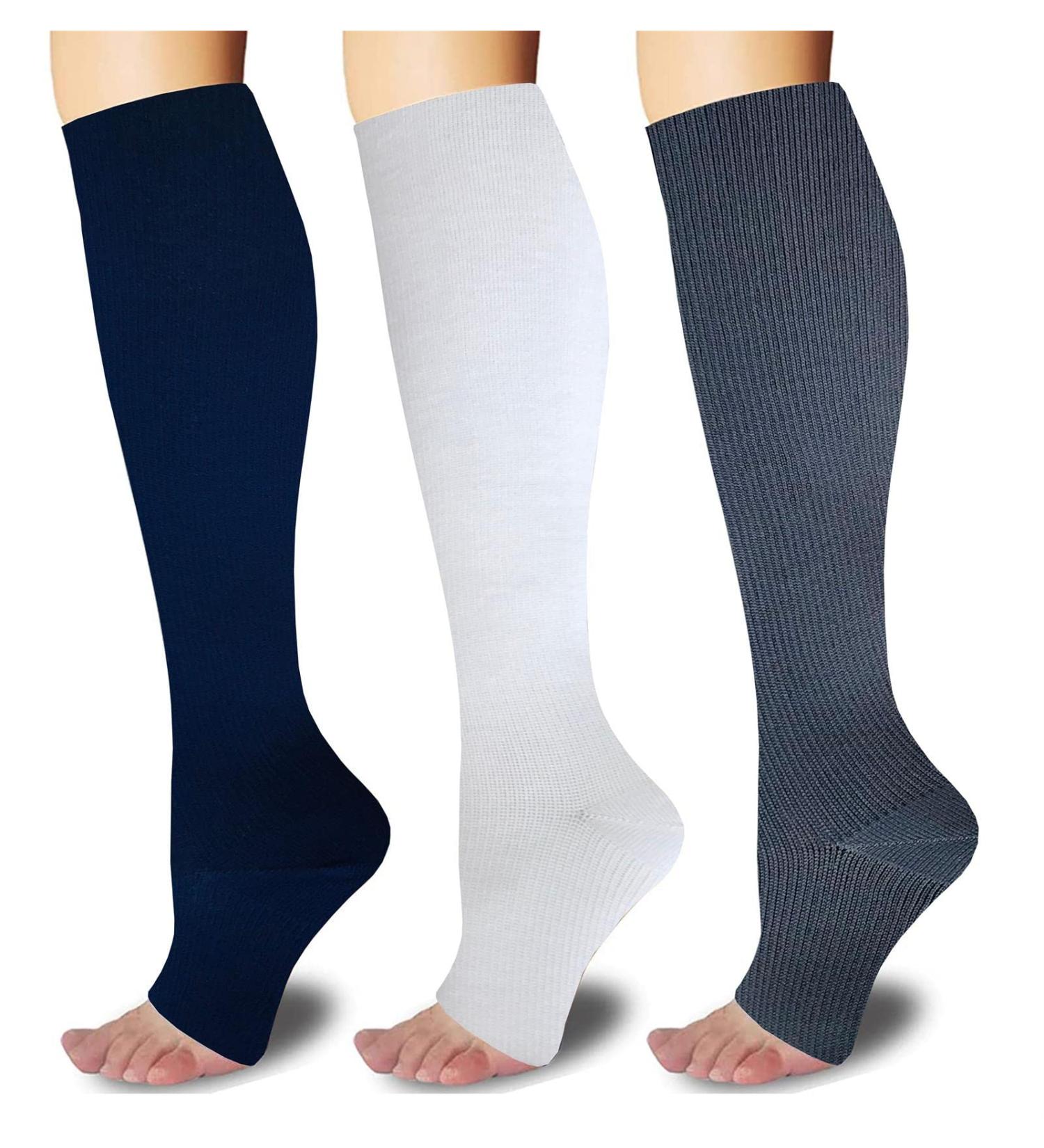 3 Pairs Toeless Open Toe Compression Socks 15-20mmHg for Men & Women - Knee High Support Stockings (White Gray Navy L/XL - Buy Online on GoSupps.com