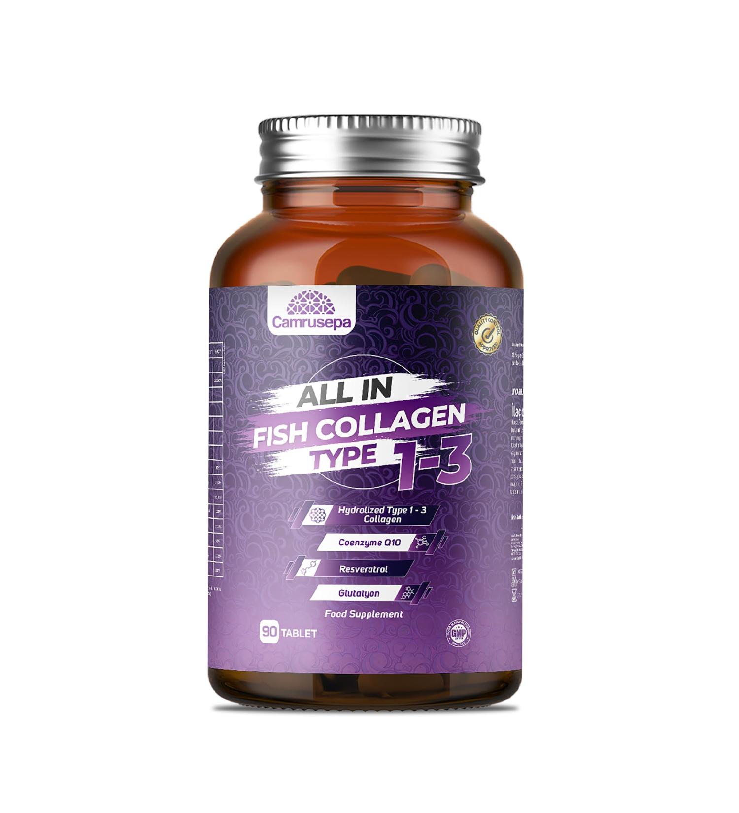 CAMRUSEPA All in Fish Collagen Type 1-3 Marine Collagen Tablets with Hyaluronic Acid Resveratrol Glutathione Selenium Zinc & Vitamins Hair Skin Joint & Nail Support 90 Tablets - Buy Online on GoSupps.com