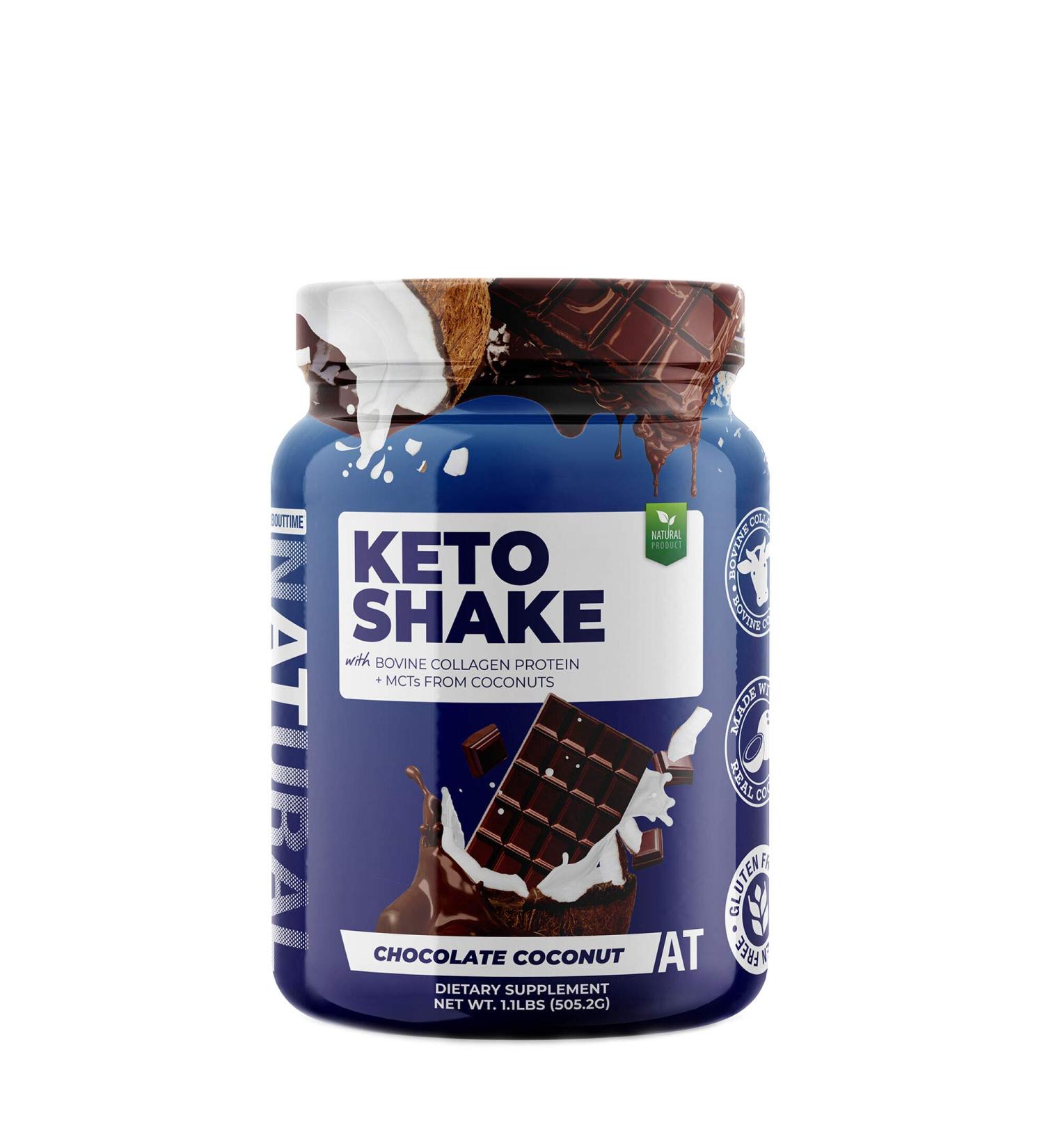 About Time Keto Shake with Bovine Collagen Protein + MCTs from Coconuts - 19g Fat, 11g Protein, 5g Net Carbs - Chocolate Coconut, 1lb Jar