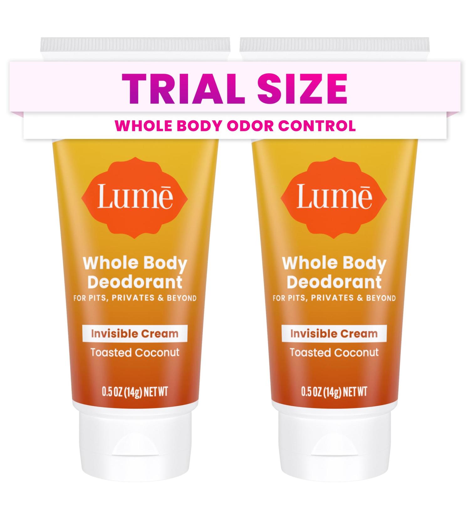 Lume Whole Body Deodorant - Mini Travel Size Invisible Cream Tube - Trial Size - 72 Hour Odor Control - Doctor Developed - Aluminum Free Baking Soda Free - .5oz (Pack of 2) (Toasted Coconut) - Buy Online on GoSupps.com