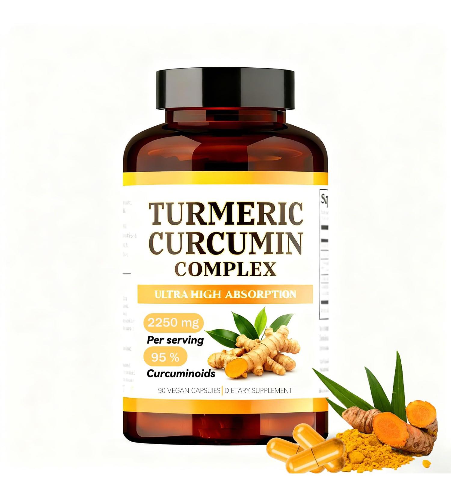 Turmeric Curcumin Supplement 2250mg - 95% Curcuminoids & Black Pepper Extract for Advanced Absorption - Nature's Vegan Joint Support Non-GMO 90 Capsules