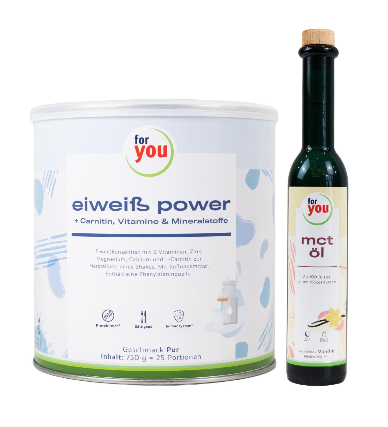 Power Protein Pure - Dr. Strunz + MCT Oil Vanilla Set | Fitness Protein Powder & 100% Coconut Oil MCT Oil - 750g + 250ml - Buy Online on GoSupps.com