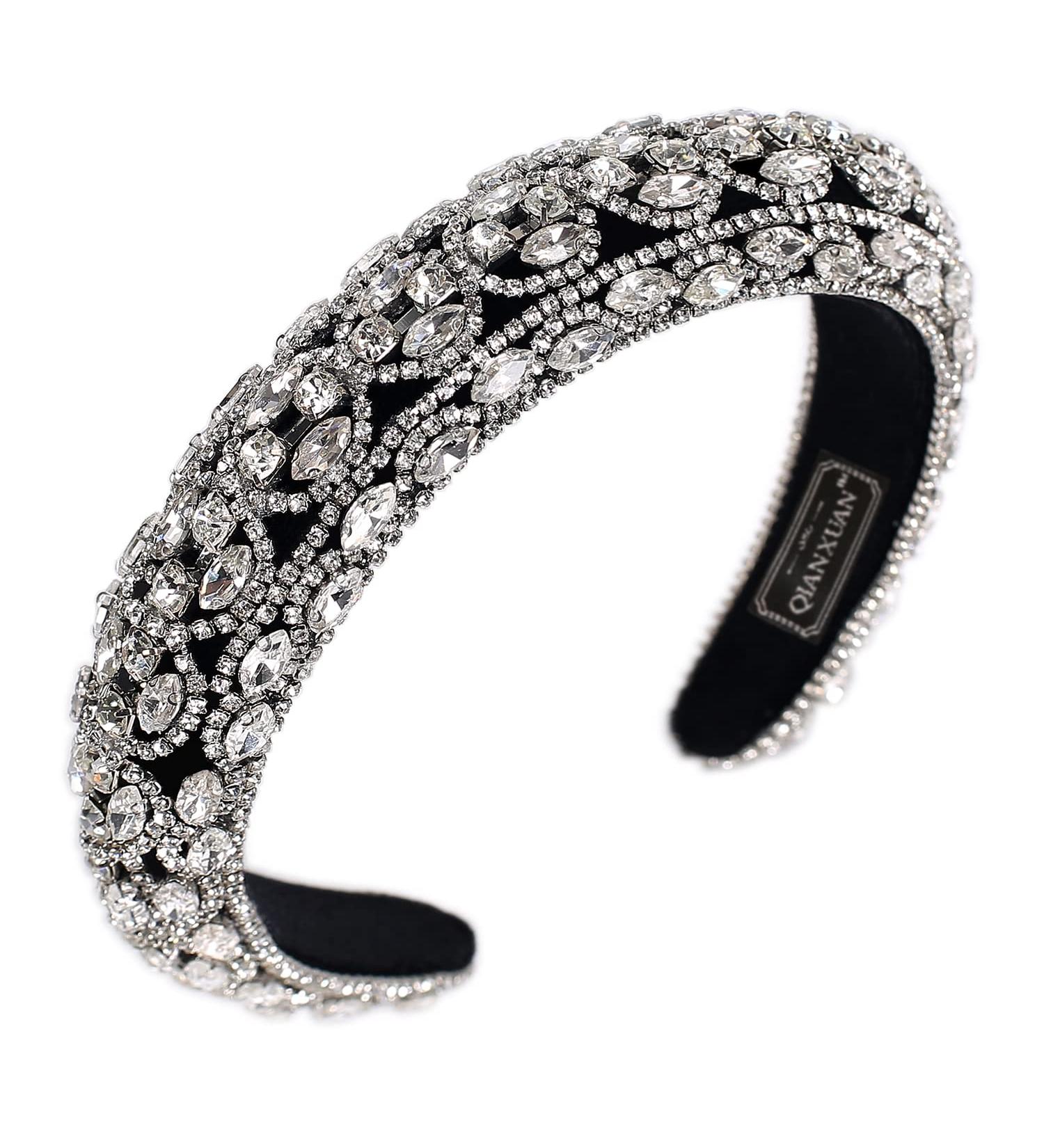 QIANXUAN Crystal Rhinestone White Pearl Headband for Women and Girls | Handmade Padded Velvet Hairband with Jewelry Chain | Elegant Retro Diamond Hair Accessories - Buy Online on GoSupps.com