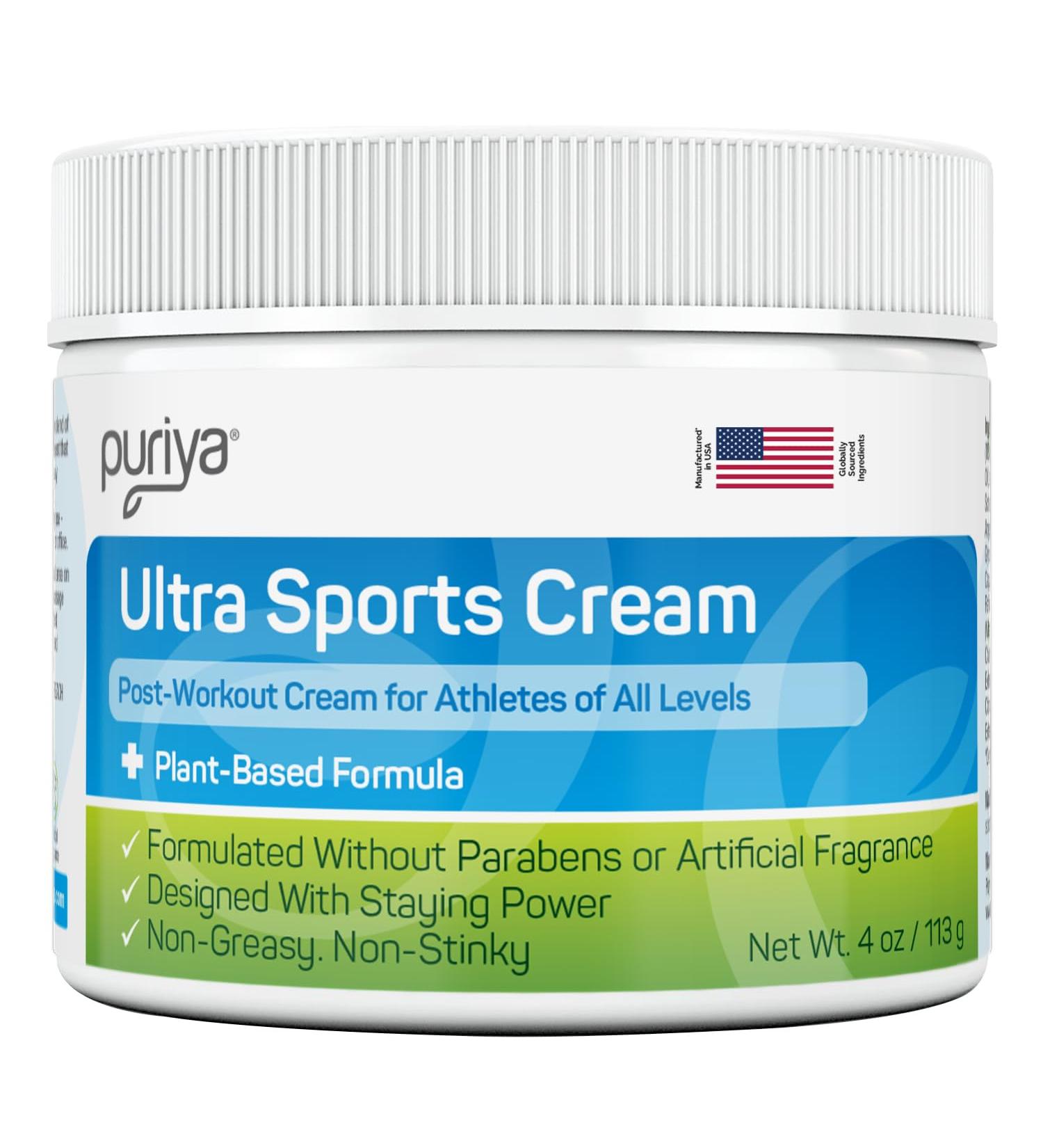 Puriya Ultra Sports Cream with Natural Menthol Long Lasting Balm for Muscle and Joint Comfort in Leg Hand Ankle and Knee Fast-Acting Rub with Pleasant Scent Maximum Strength Fit for Athletes 4 Ounce