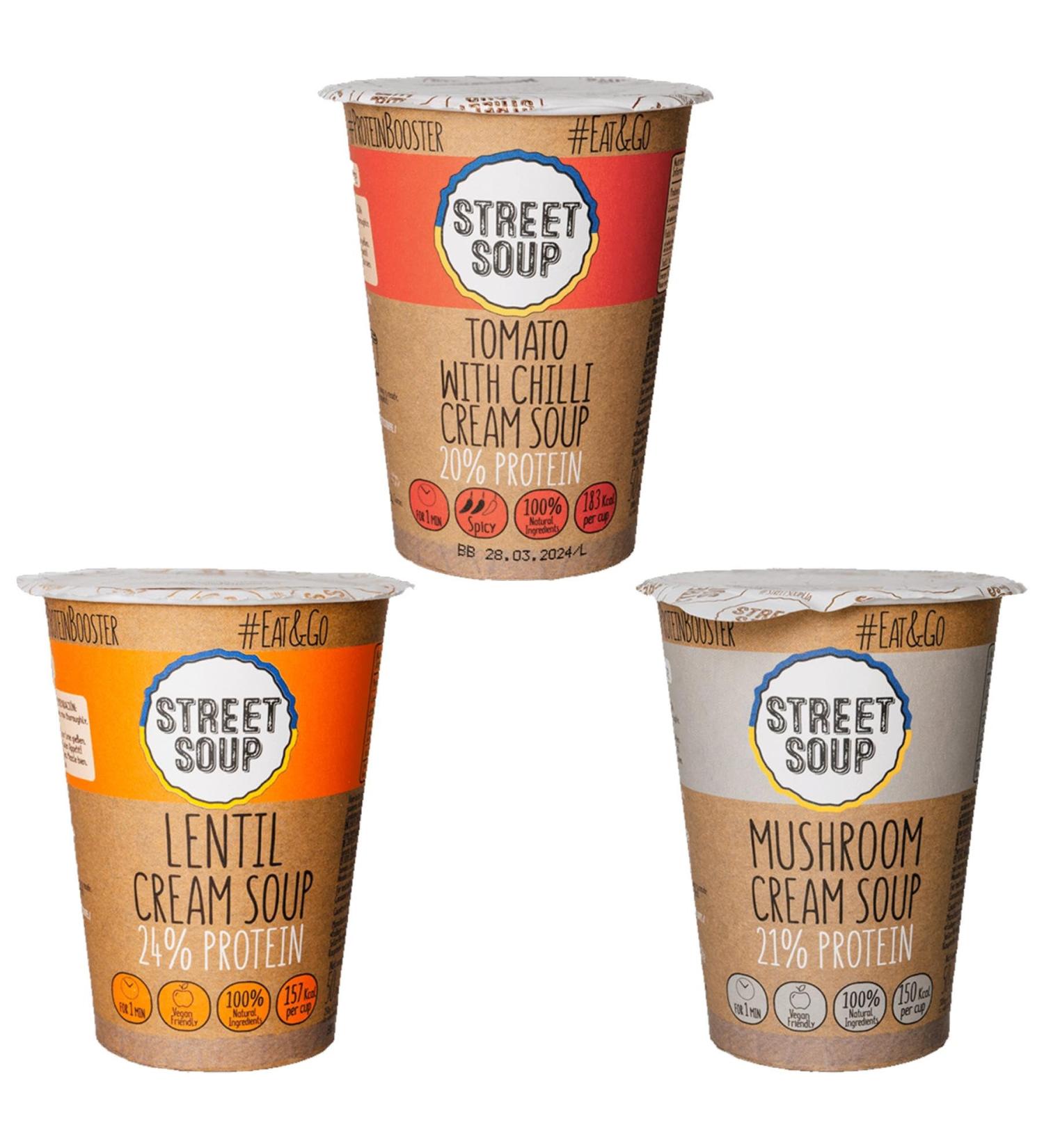Street Soup Pick N Mix - Choose From Cup with 3 Flavours - Lentil Cream Mushroom Cream Tomato with Chilli Cream Soup - Pack of 2 x 50g - Buy Online on GoSupps.com