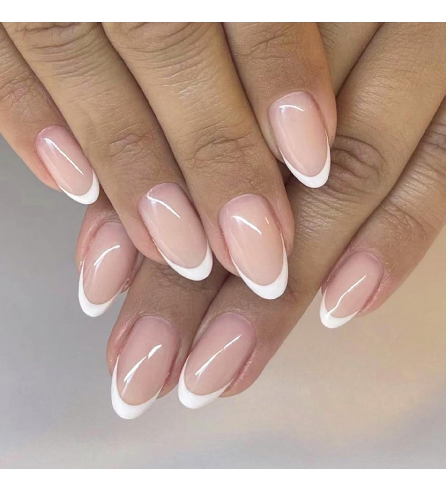French False Nails 24Pcs Nude Almond Full Cover Press on Nails with Glue - White French Nail Tips for Women Girls | Nails Art #XRFS - Buy Online on GoSupps.com