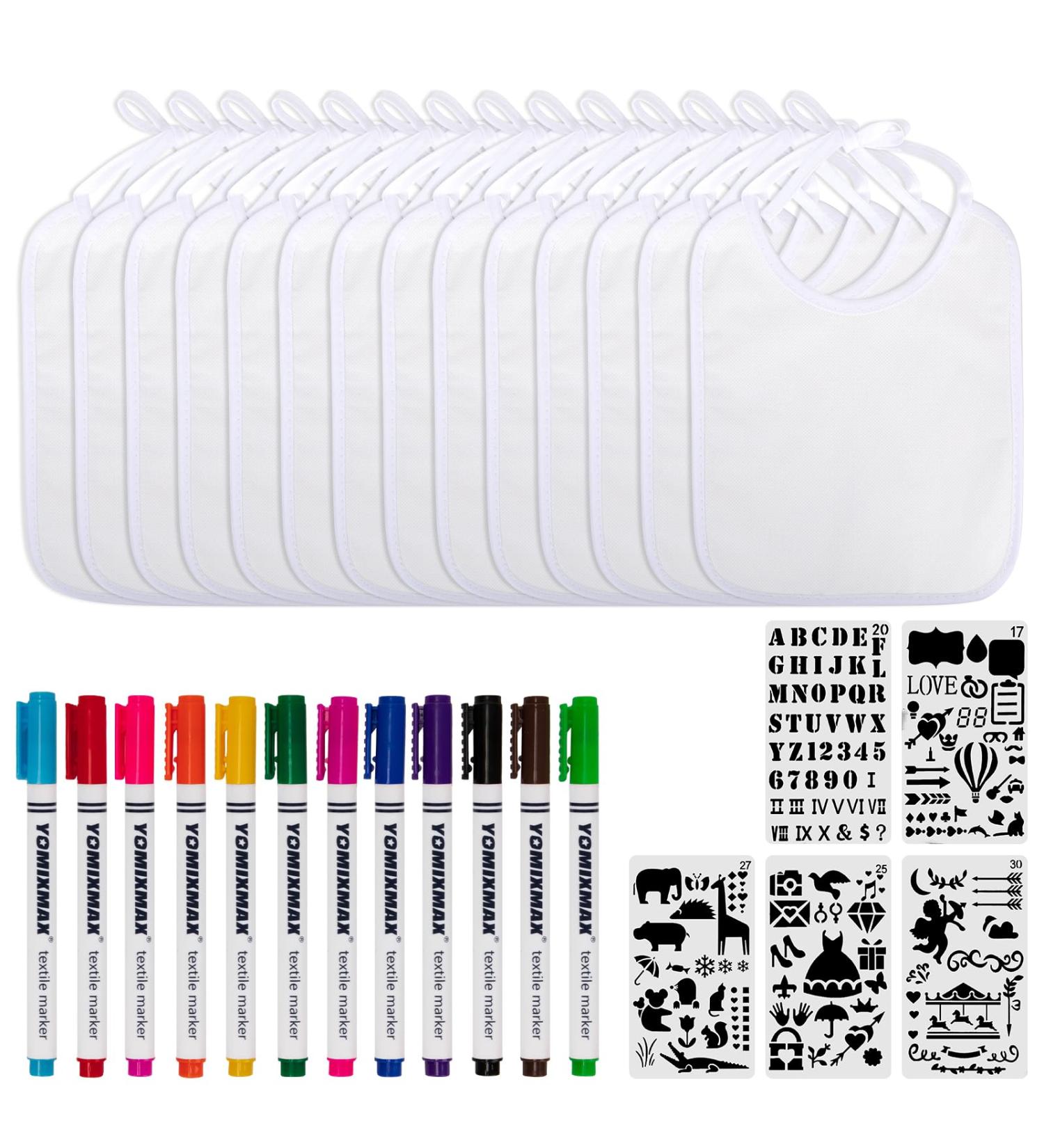 Revivo Baby Bibs for Painting - 14 White Bibs 12 Textile Pens & 5 Stencils for Creative Baby Shower Games & Gifts - Buy Online on GoSupps.com