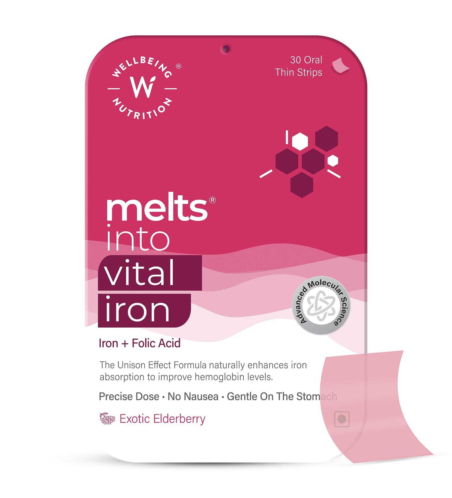 WELLBEING NUTRITION Melts Nano Iron 30 Oral Strips - Plant Based Iron with Vitamin C and Folate for Improved Hemoglobin & Blood Building - Buy Online on GoSupps.com