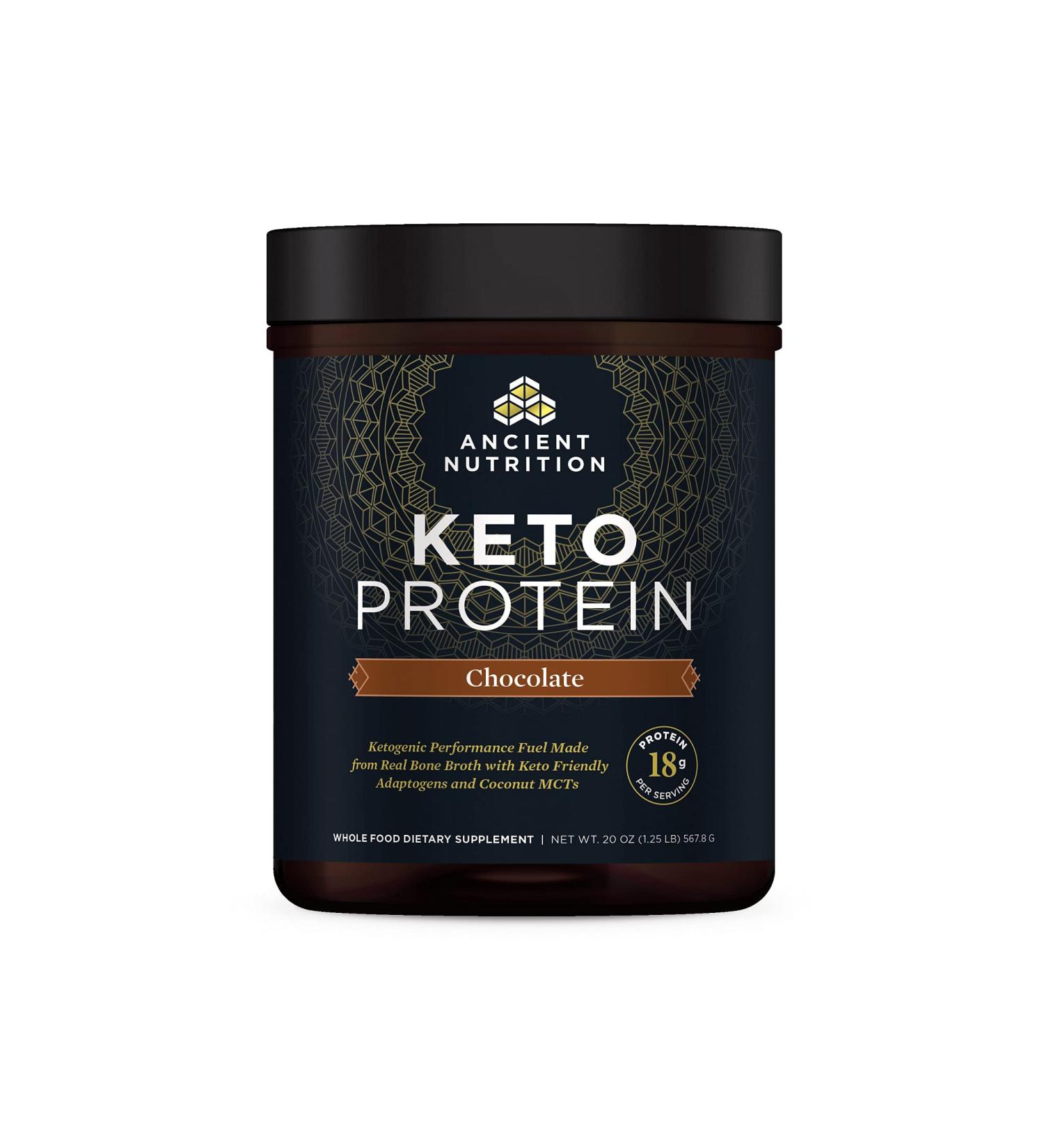 KetoPROTEIN Chocolate Powder 18g Protein 10g Fat Per Serving | Gluten Free, Low Carb, Paleo Friendly | Ancient Nutrition Keto Powder with Bone Broth and MCT Oil - 17 Servings - Buy Online on GoSupps.com