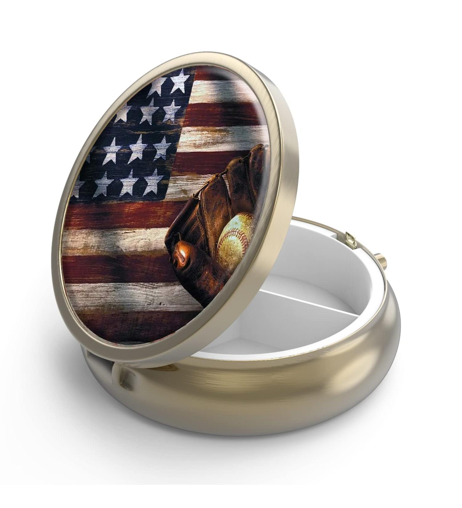 Retro Round Pill Box with Mirror - 3 Compartment Small Dose Container for Vitamins Fish Oil & Supplements - Y-13 Flag Baseball Design - Buy Online on GoSupps.com