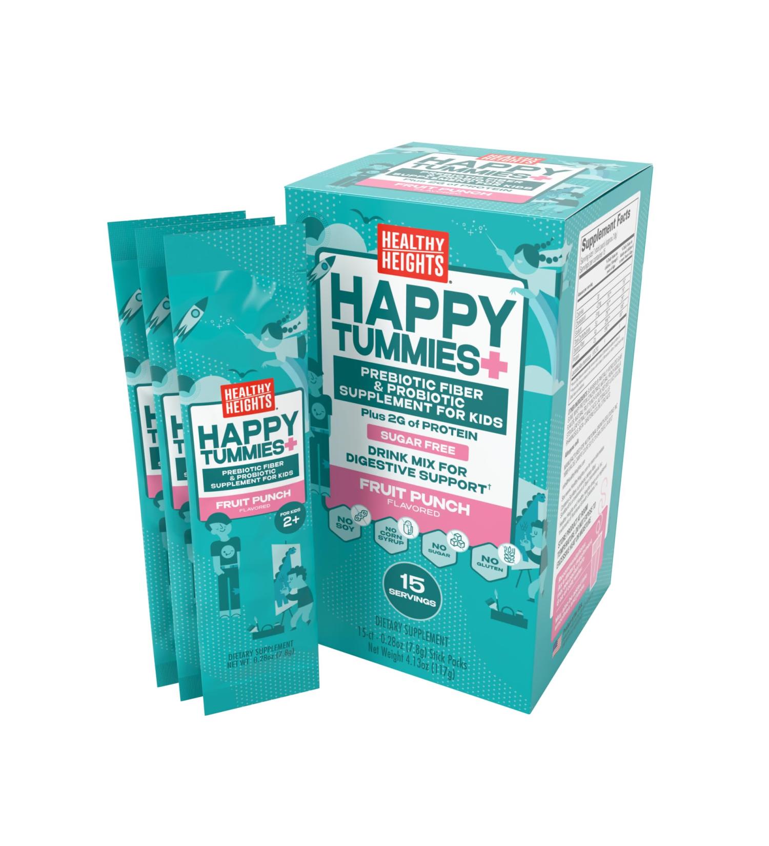 Healthy Heights Happy Tummies Prebiotic Fiber and Probiotic Supplement for Kids Ages 2+ Sugar Free Fruit Punch Flavor 15 Servings - Buy Online on GoSupps.com