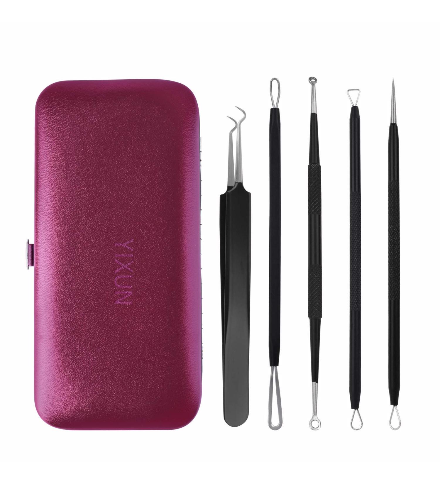Blackhead Tweezers Acne Extractor Tool Kit with Leather Bag - Nose & Facial Blemish Remover for Whiteheads - 5 Pcs Set - Buy Online on GoSupps.com