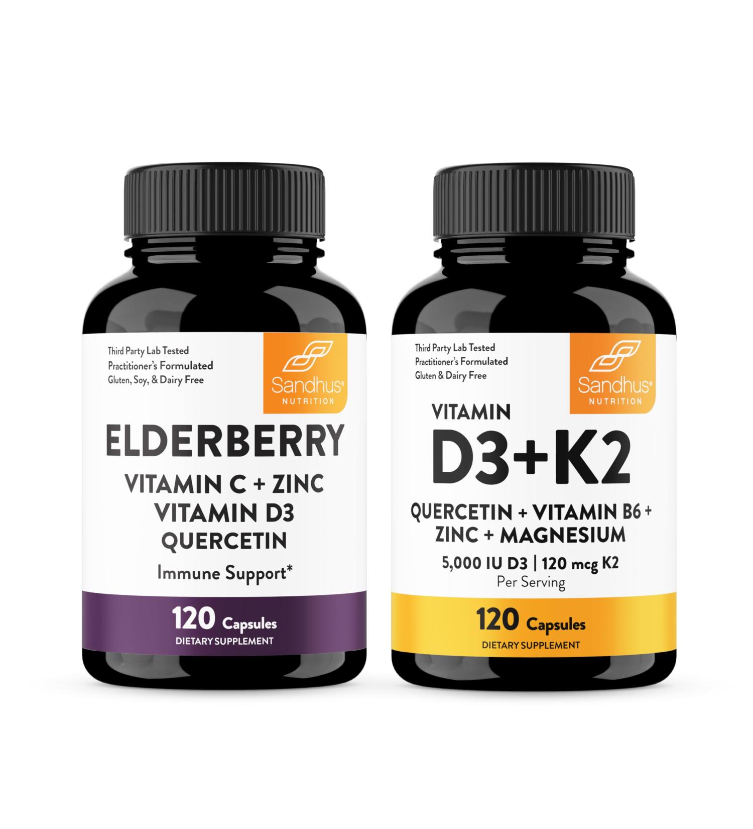 Sandhu's Elderberry & Vitamin D3 K2 with Quercetin Capsules (120 Count Each) | Supports Immune Muscle Health & Energy - Buy Online on GoSupps.com