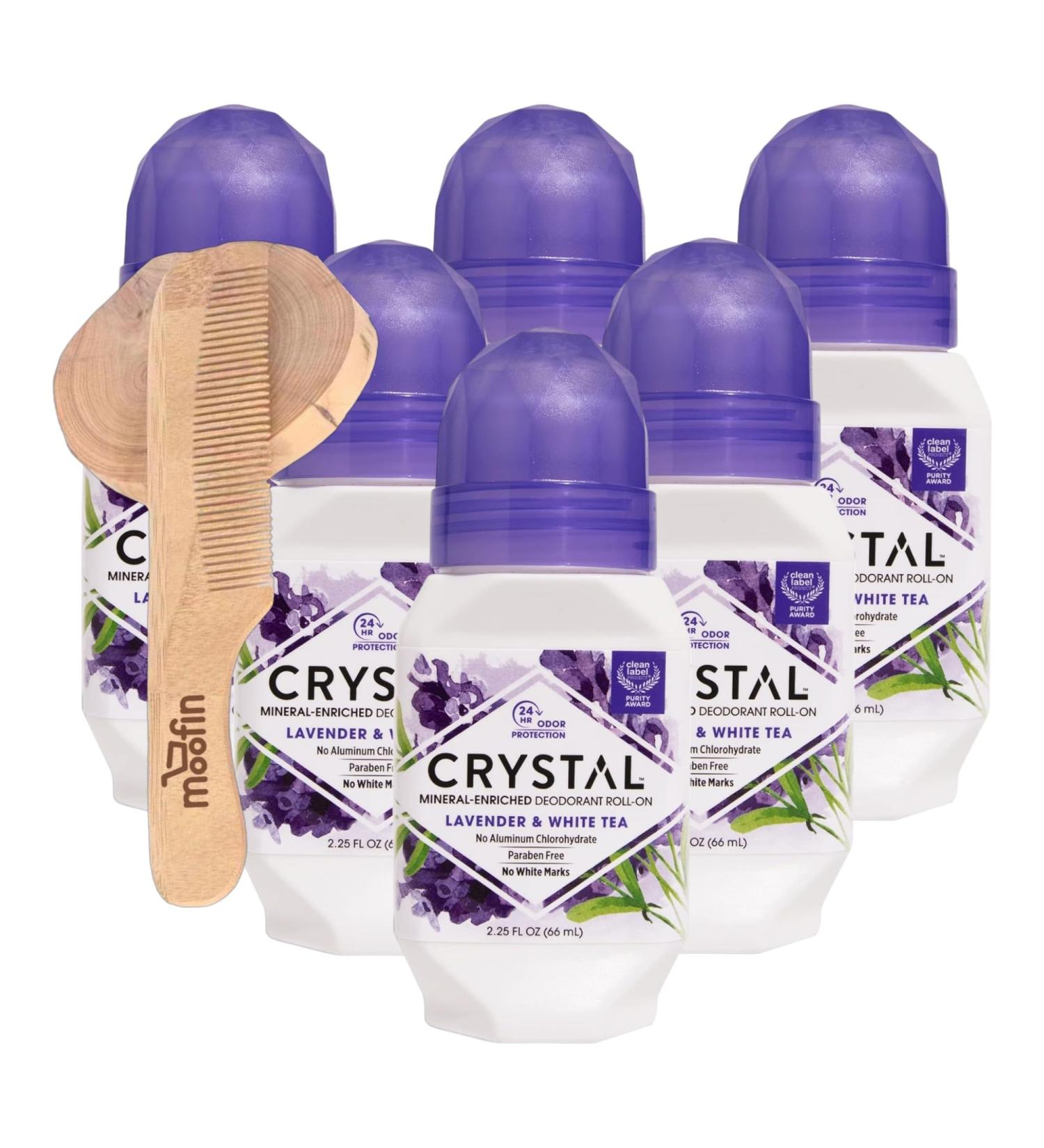 Crystal Essence Lavender White Tea Deodorant - Aluminum Free 24-Hour Protection for Women | Mineral-Enriched No White Marks + Free Moofin Wooden Comb (6-Pack - Buy Online on GoSupps.com