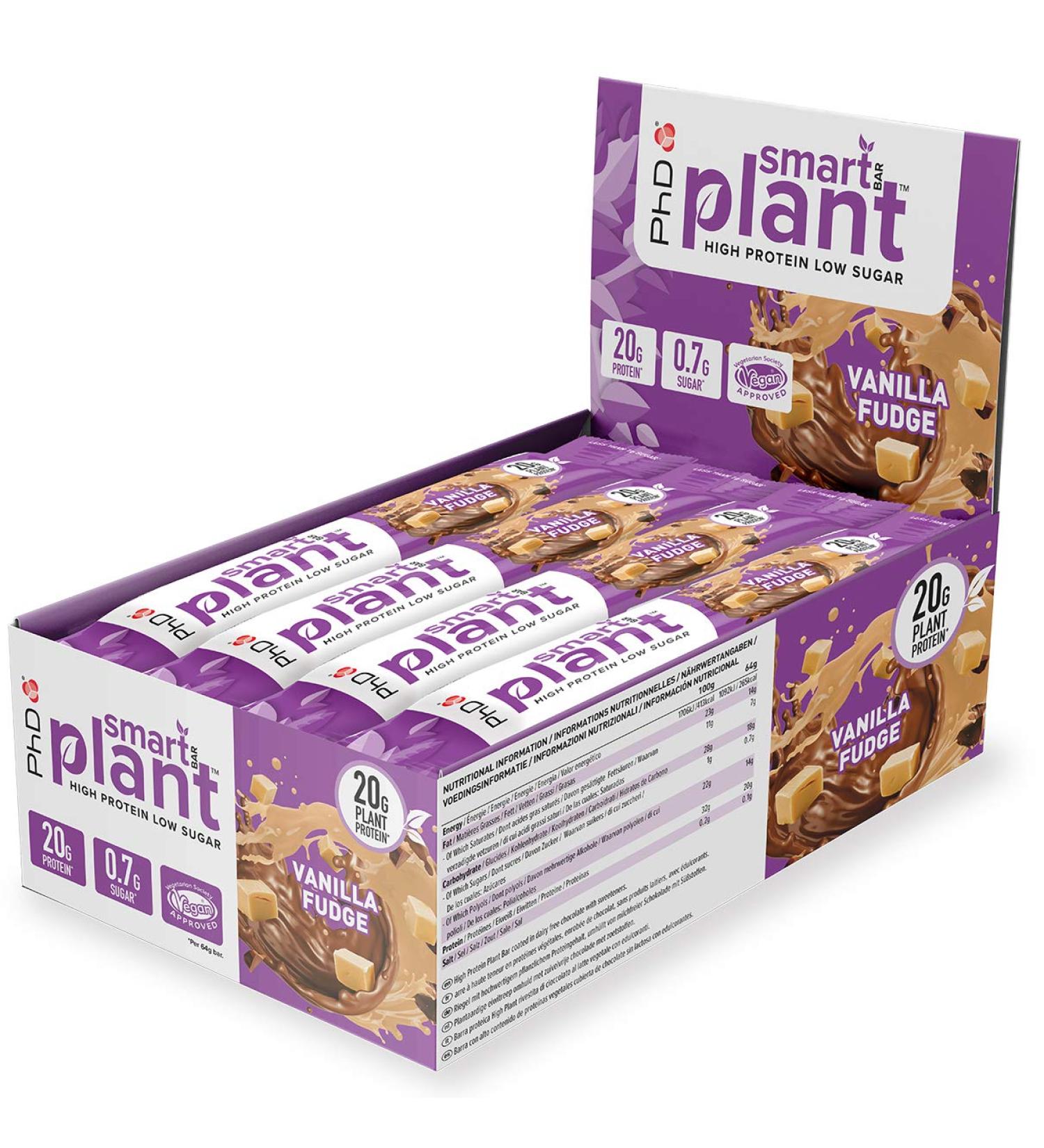 PhD Nutrition Smart Plant Protein Bar - Vegan Snack High Protein Low Sugar Macro-Friendly 12 Pack (64g) Vanilla Caramel Taste - Buy Online on GoSupps.com