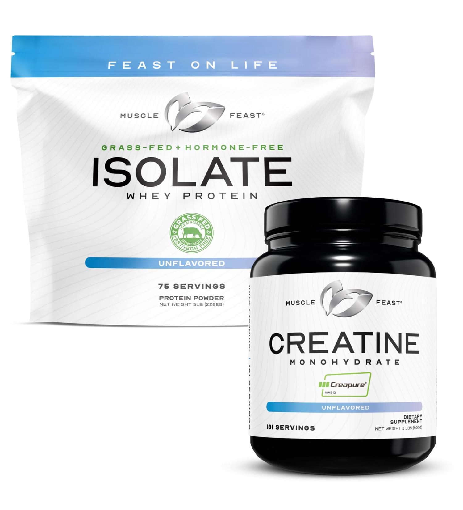 Muscle Feast Bundle - Creatine Powder (Unflavored 2lb) & 1 Whey Protein Isolate (Unflavored 5lb) | Premium Supplements Vegetarian Gluten Free - Buy Online on GoSupps.com