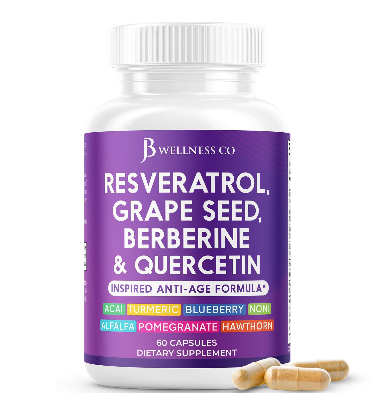 JB Wellness Resveratrol Grape Seed Extract Berberine Quercetin - Polyphenol Supplement for Women and Men with Noni Extract N-Acetyl Cysteine Acai Extract - 60 Capsules 60 Count (Pack of 1) - Buy Online on GoSupps.com