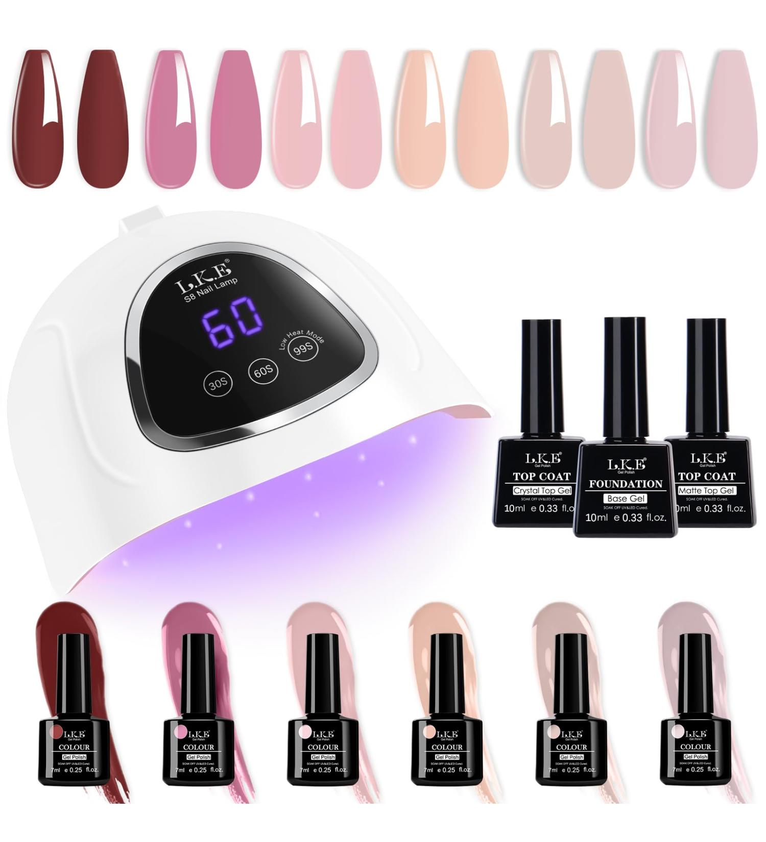 LKE Gel Nail Polish Kit with 72W UV Lamp - 6 Pink Truffle Colors, Glossy & Matte Top Coat - Manicure DIY Set for Women - Buy Online on GoSupps.com