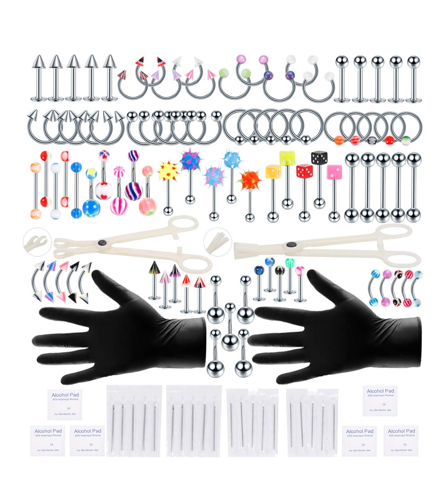 Xpircn 120PCS Piercing Kit Stainless Steel Acrylic 14G 16G - Piercing Jewelry Set with Nose, Septum, Lip, Tongue, Eyebrow, Tragus, Belly, Nipple Barbell Rings - Silver&Acrylic - Buy Online on GoSupps.com