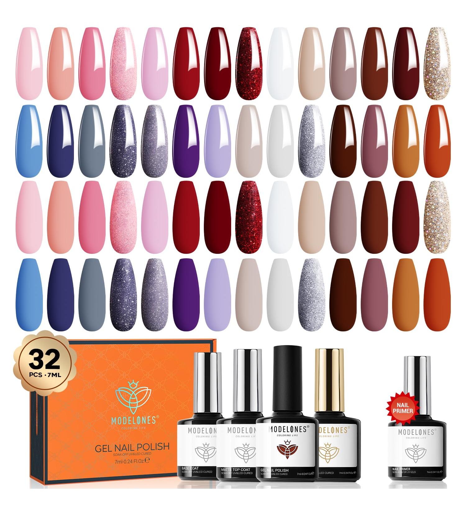 Modelones 32Pcs Gel Nail Polish Set - 28 Fall Winter Colors with Glossy & Matte Top Coat | No Wipe Base Coat, Nail Primer Kit - Brown, Orange, Glitter, Red, Nude, Pink | DIY Nail Polish Gift Set - Buy Online on GoSupps.com