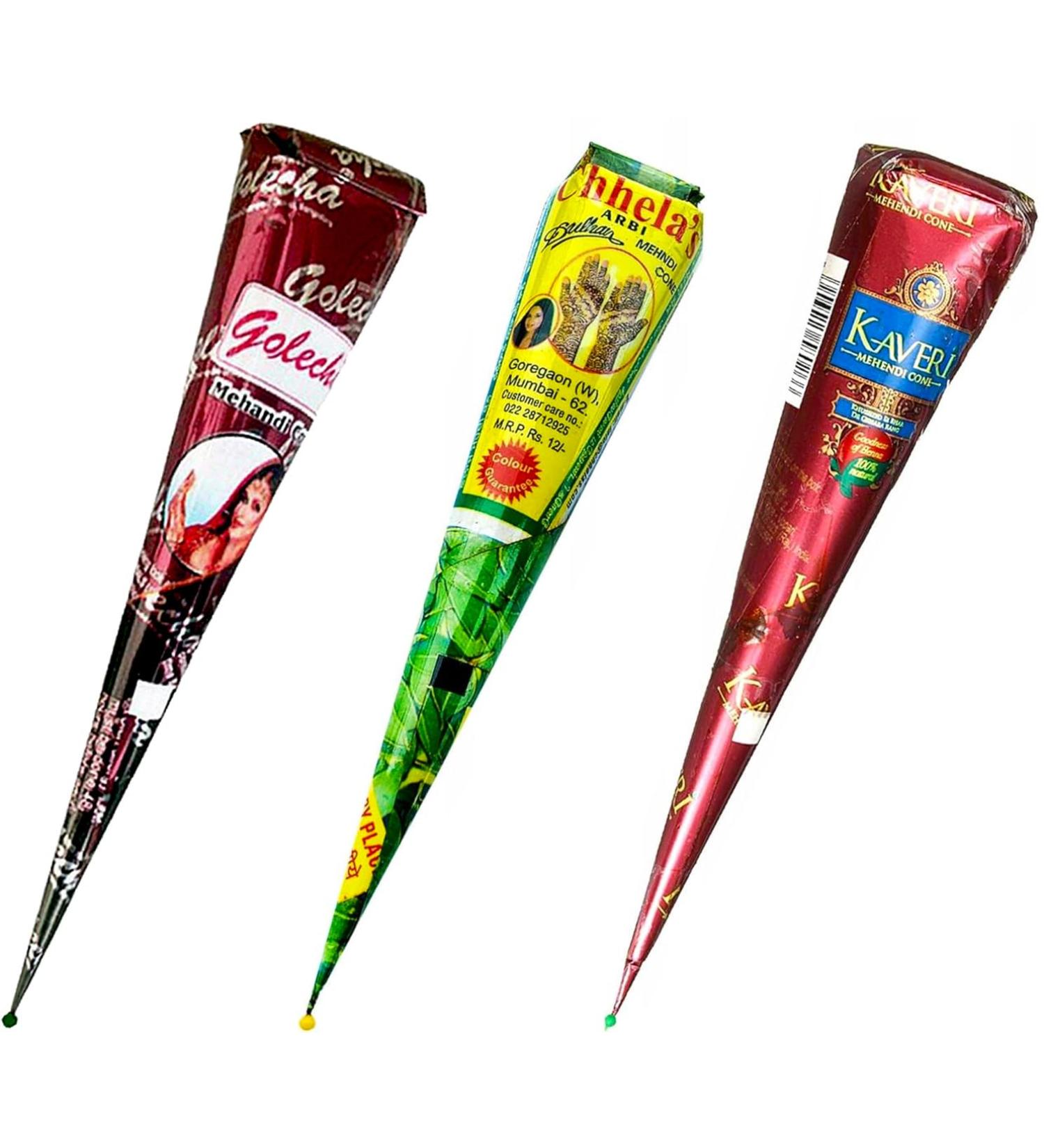 Lot de 3 c nes de p te de tatouage temporaire Kaveri Chhela 100 % naturel rouge-marron - Buy Online on GoSupps.com