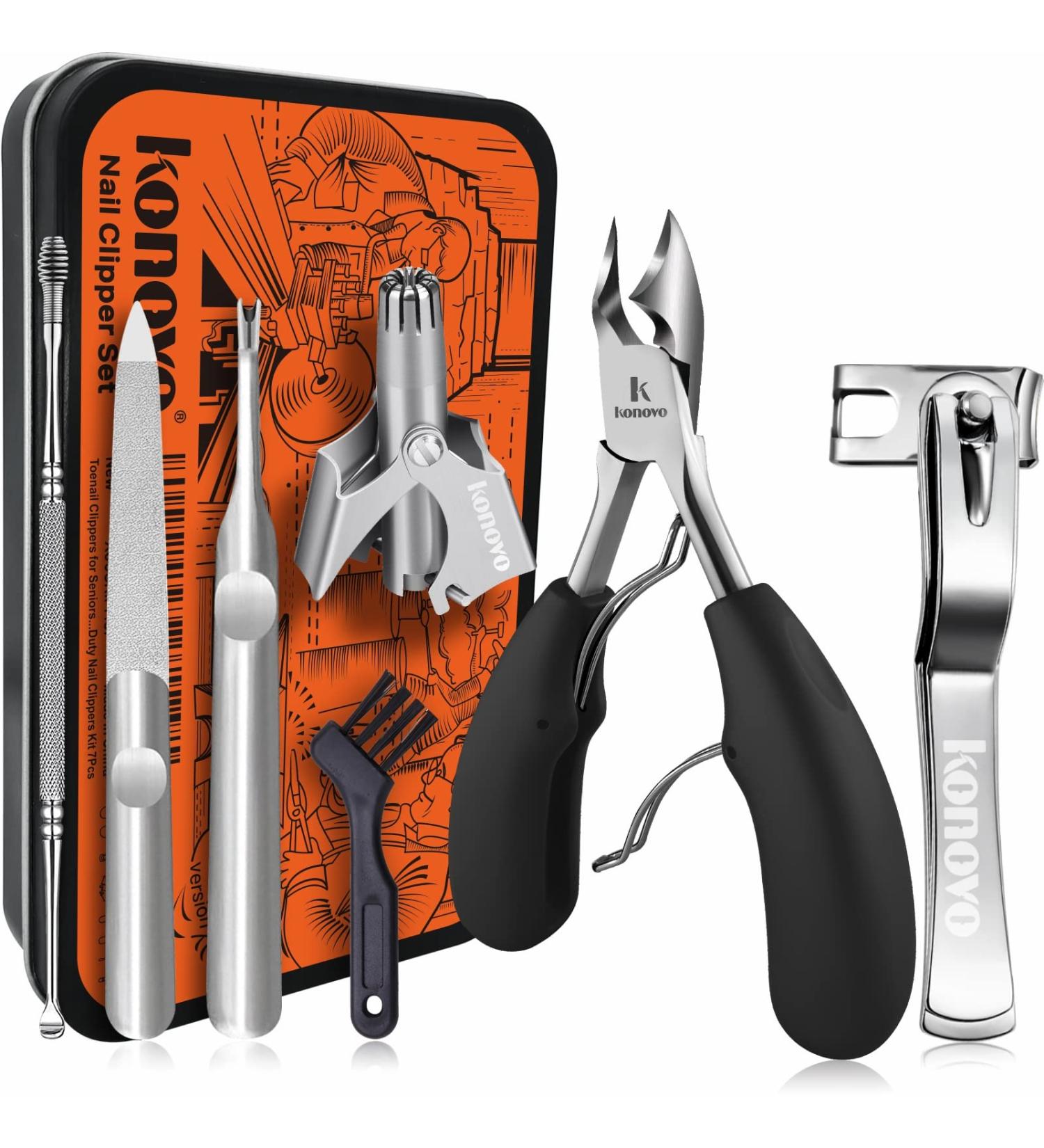 Senior Toenail Clippers for Thick Nails + Nose Hair Trimmer & Ear Wax Cleaner Set - 7Pcs - Buy Online on GoSupps.com