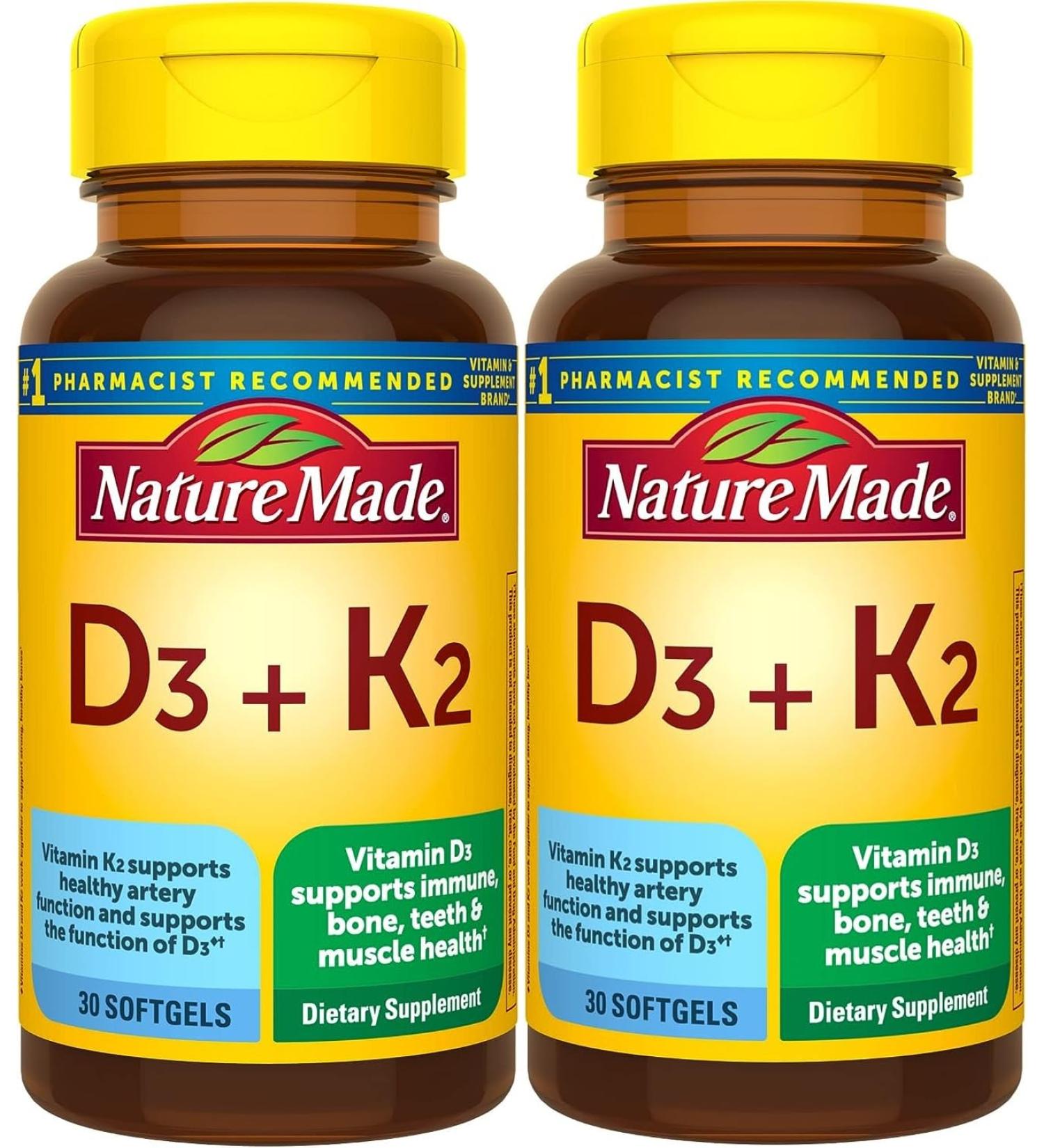 Nature Made Vitamin D3 K2 5000 IU (125 mcg) Vitamin D Dietary Supplement for Bone Teeth Muscle and Immune Health Support 30 Softgels 30 Day Supply - Pack of 2 - Buy Online on GoSupps.com