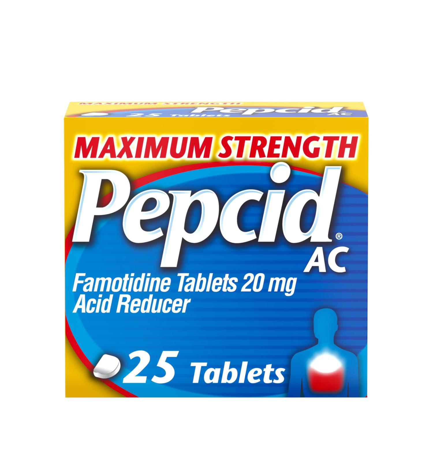 Pepcid AC Maximum Strength Heartburn Relief Tablets OTC Medicine Prevents & Relieves Heartburn & Acid Reflux Due to Acid Indigestion 20mg Famotidine Acid Reducer Fast-Acting 25 ct Heartburn Prevention & Relief 25 Count  - Buy Online on GoSupps.com