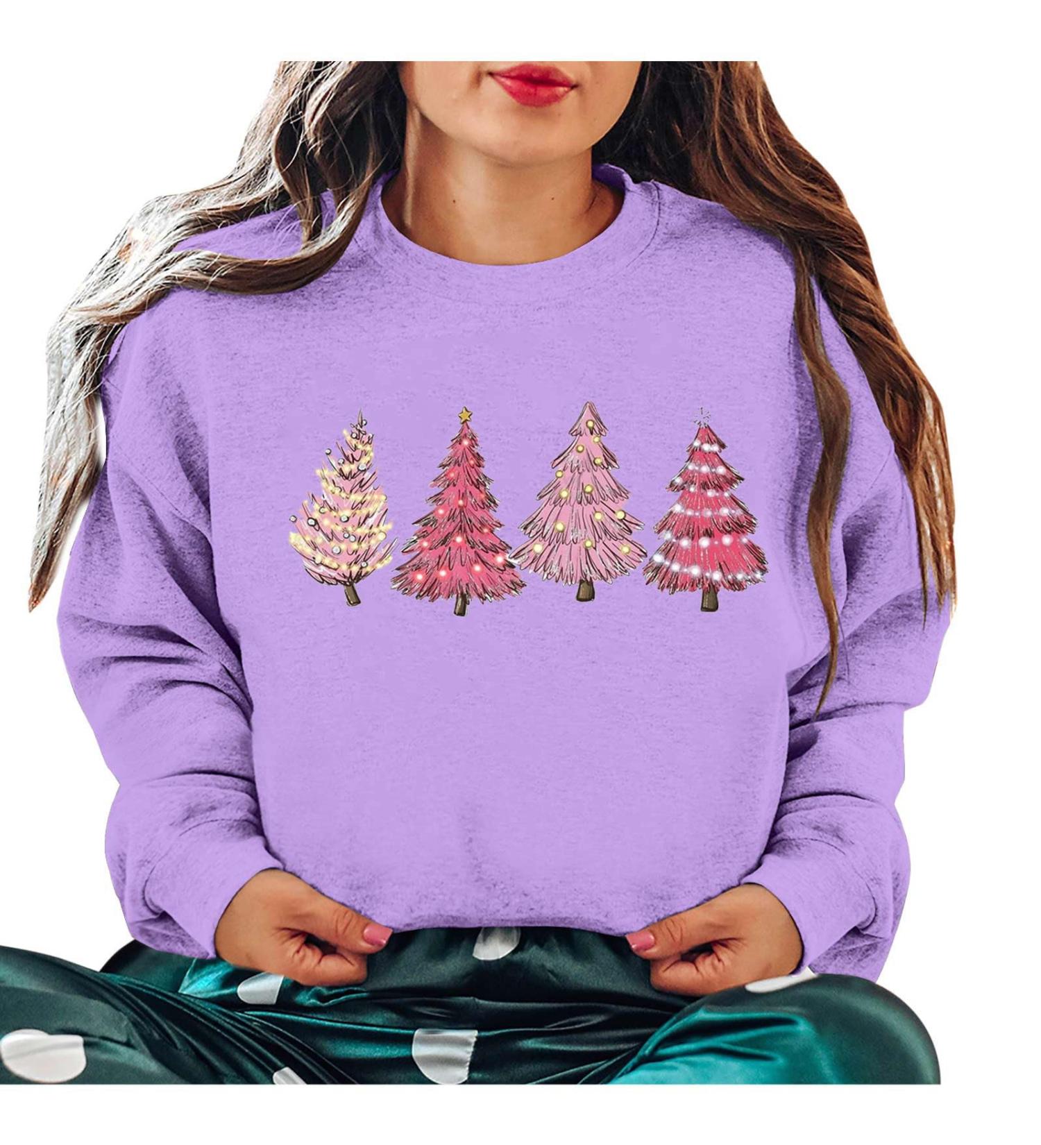 Yihaojia Holiday Shirt Women Christmas Tree Sweatshirt Teen Girls Cute Print Round Neck Pullover Tops Plus Size Xmas Blouse Purple Large - Buy Online on GoSupps.com