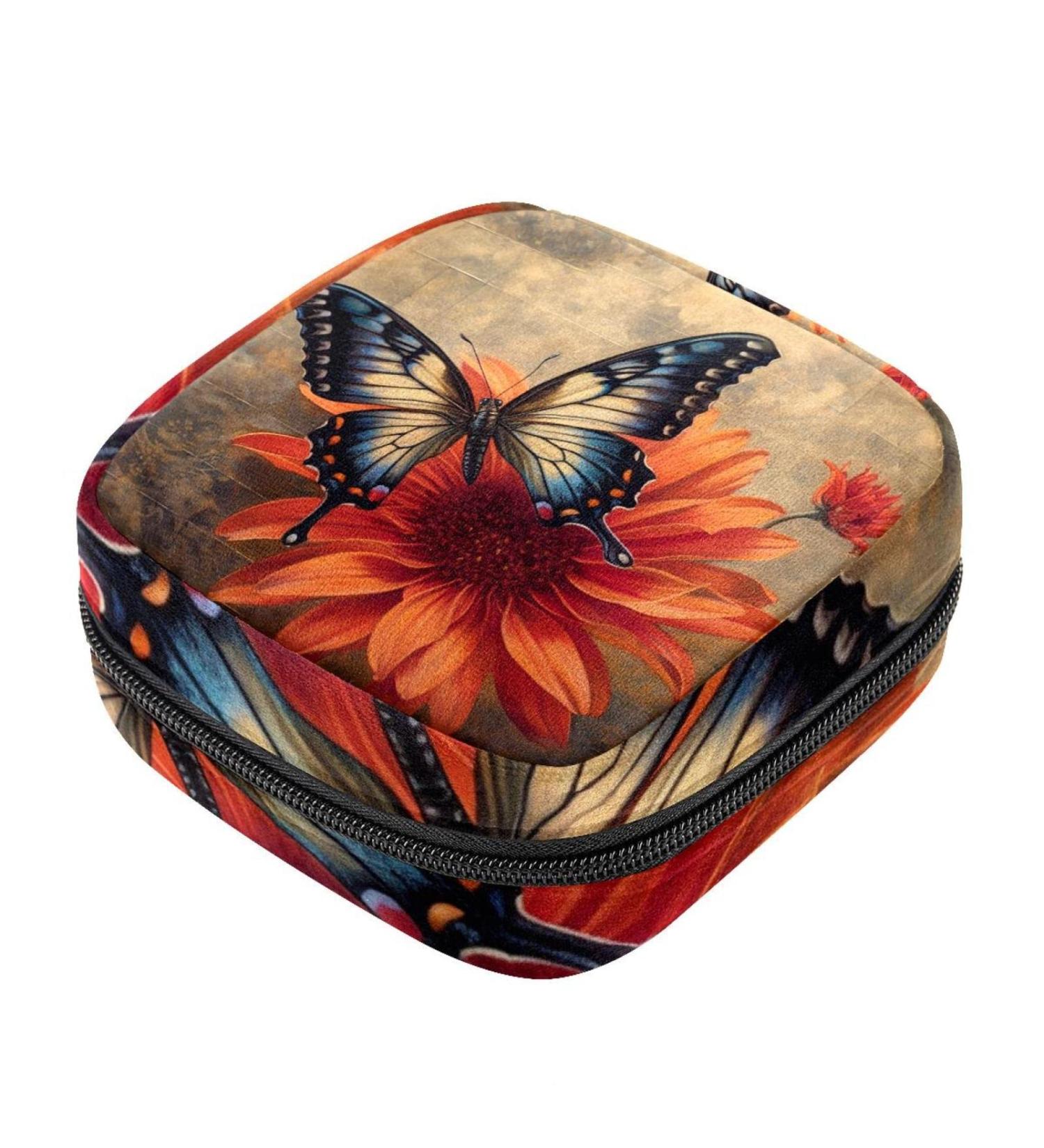 Stylish Menstruation Pad Bag with Zipper | Women's Tampon & Napkin Bag - Butterfly & Flower Design (Color 11) - Buy Online on GoSupps.com