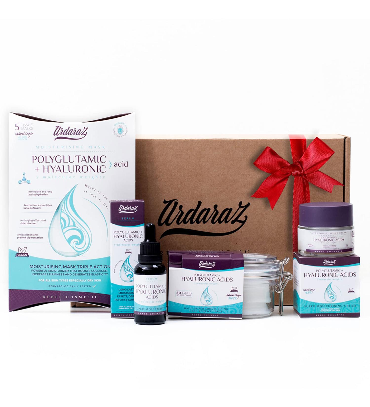 Skincare Anti-wrinkle Kit with Pure Hyaluronic Acid and Polyglutamic Acid. Original gift set for women with Exfoliating Discs Serum Cream 5 Masks - Buy Online on GoSupps.com