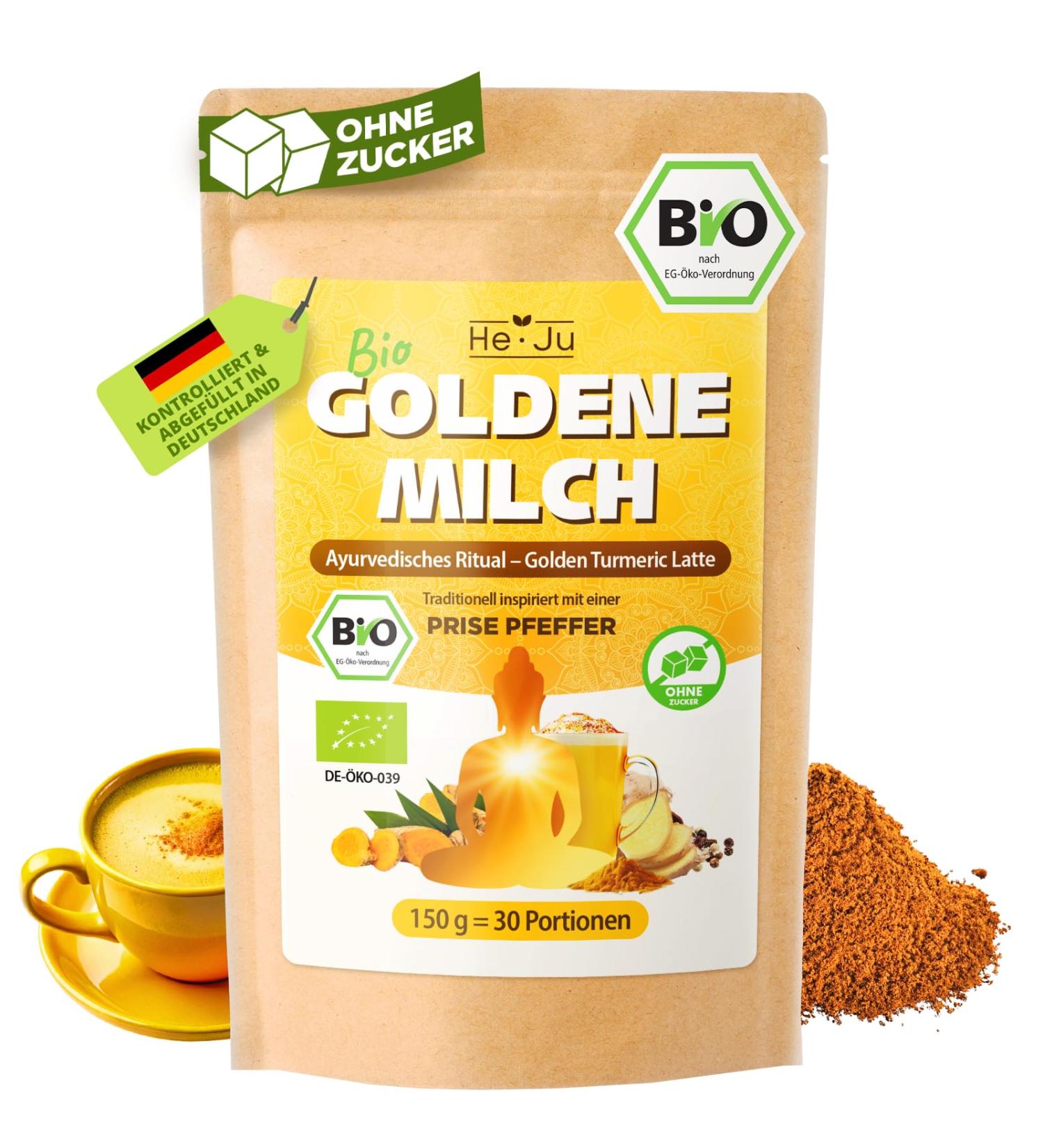  He-Ju He-Ju Bio Golden Milk Classic 150g (30 servings) turmeric latte powder with lucuma and a pinch of pepper sugar-free Ayurvedic ritual vegan and additive-free - Buy Online on GoSupps.com