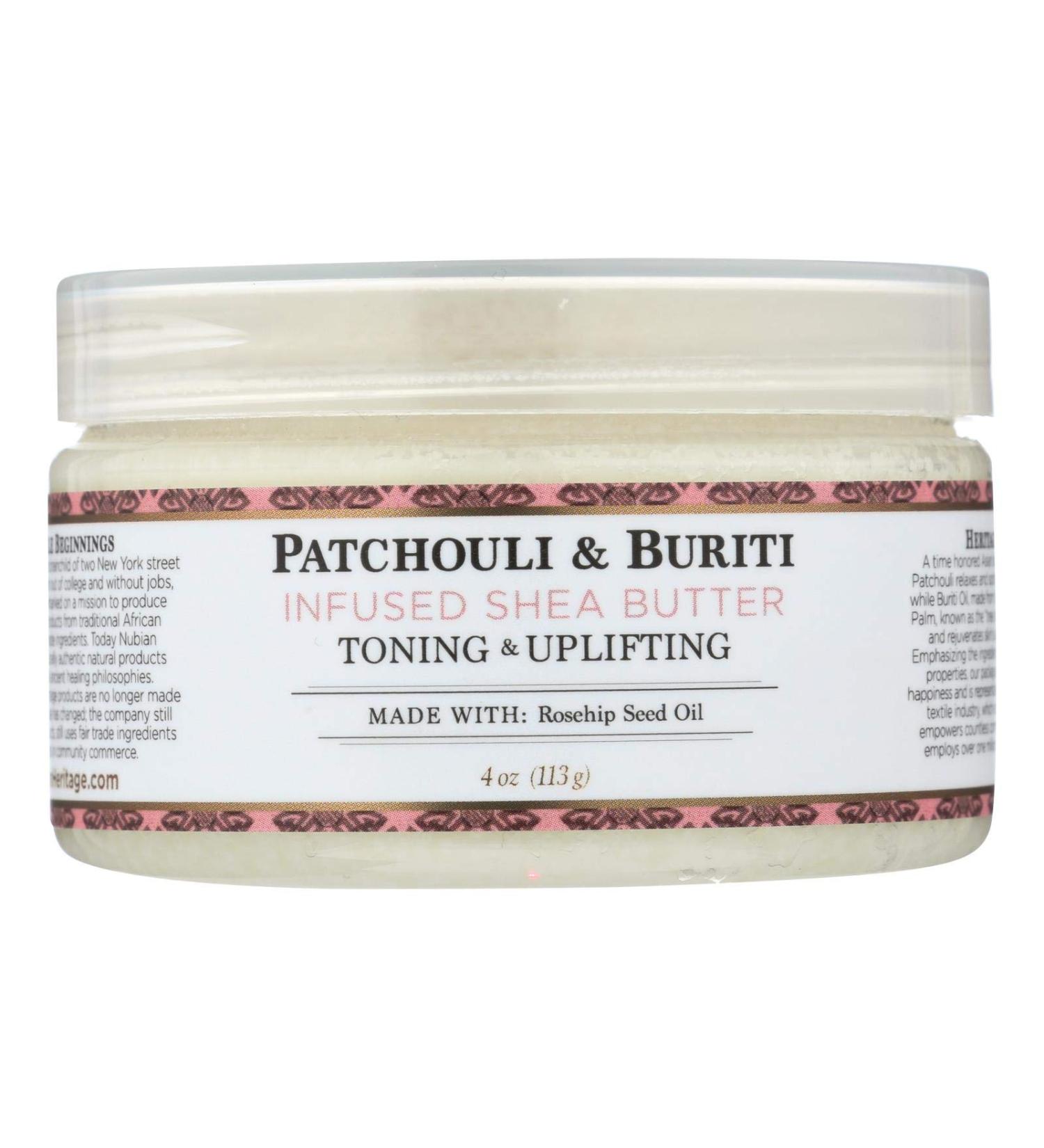 Nubian Heritage Shea Butter - 100 Percent Organic - Patchouli and Buriti - 4 oz - Gluten Free