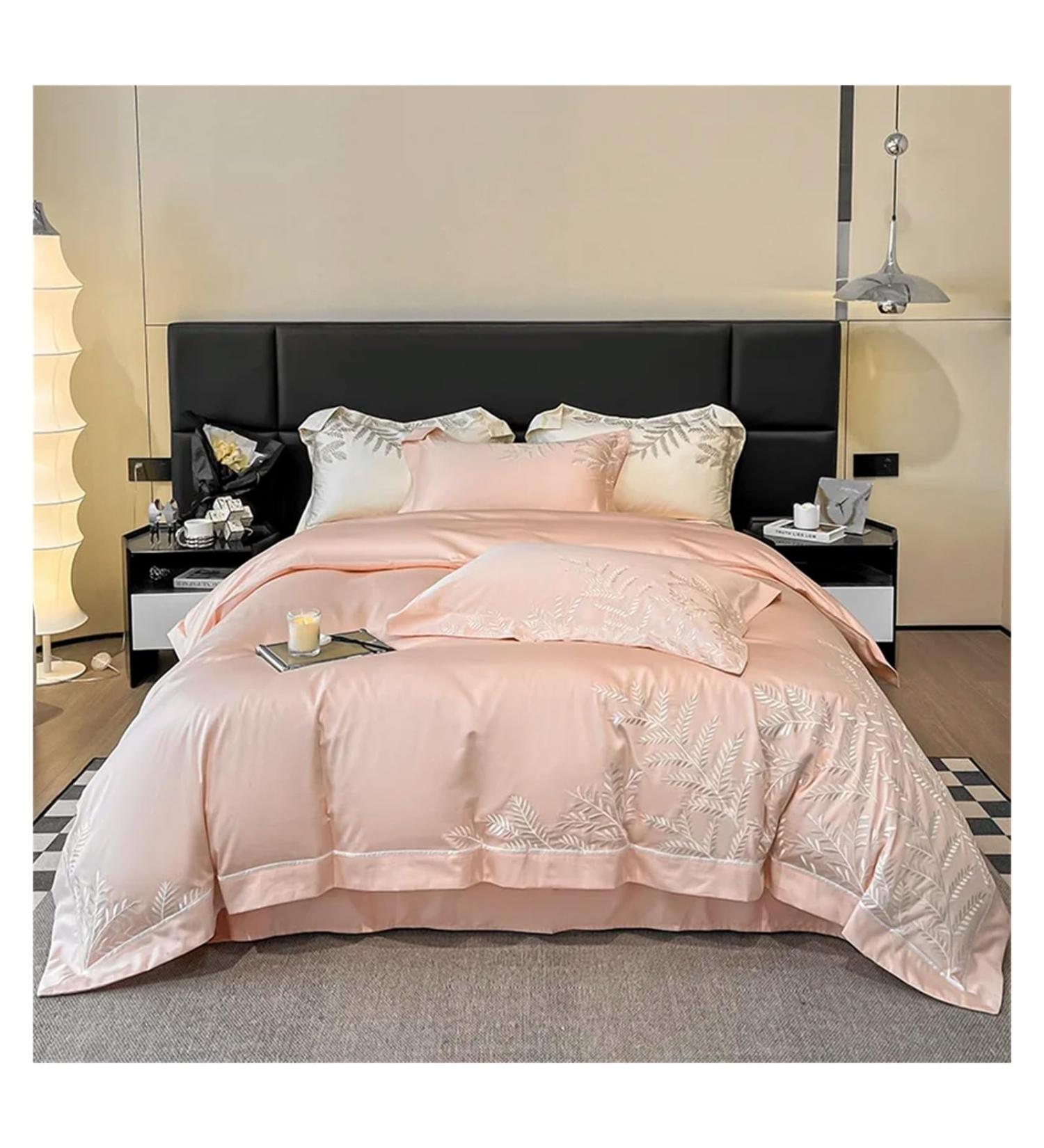 100% Egyptian Cotton Luxury Bedding Set Leaves Embroidery Duvet Cover Set Bed Sheet Set Pillowcases Soft Bed Sets Bedding Set (Pink Fitted Bed Sheet_King) - Buy Online on GoSupps.com