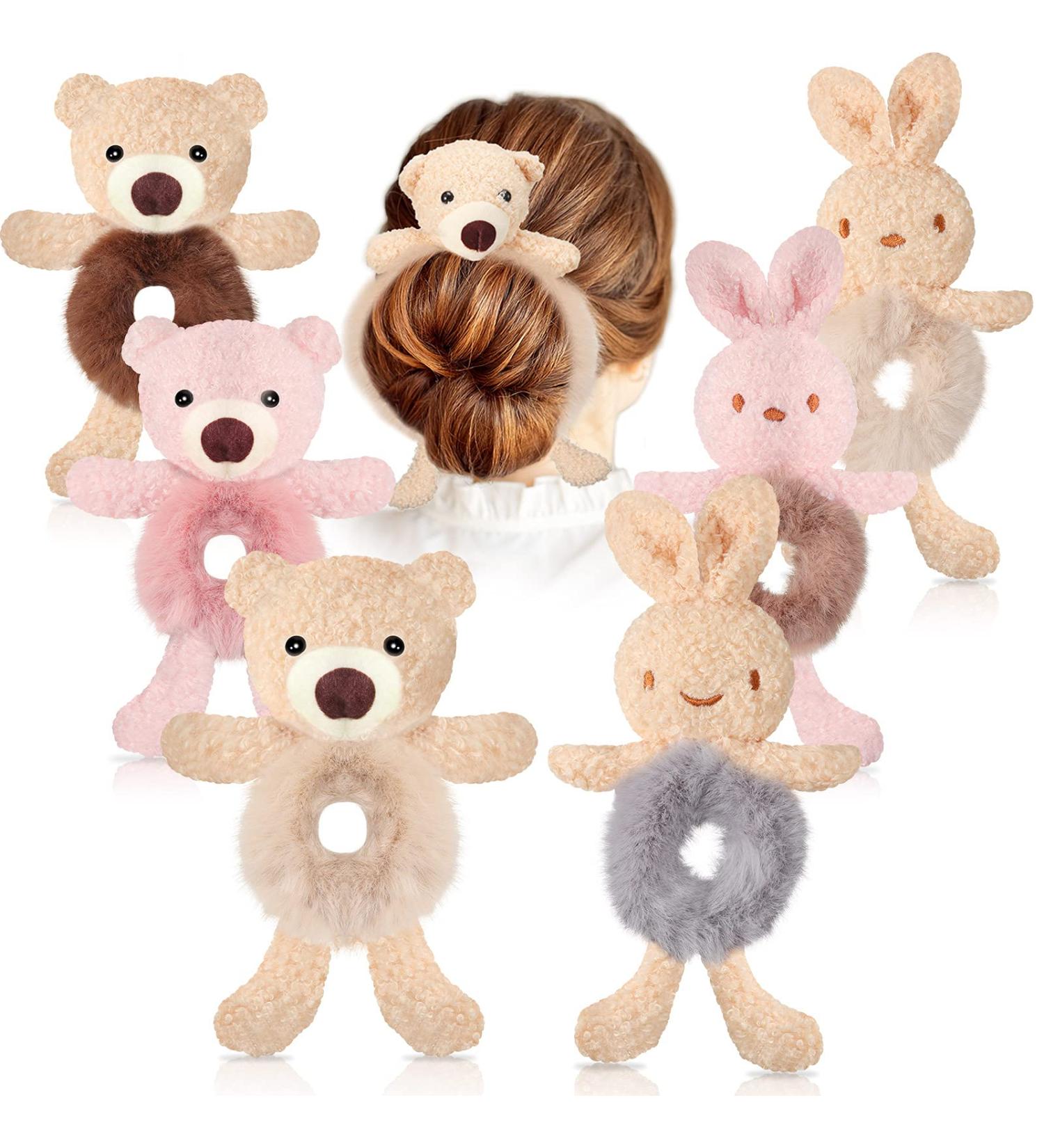 Cute Bear & Bunny Plush Hair Scrunchies Set - 6 Pieces | Animal Hair Ties for Women & Girls - Buy Online on GoSupps.com