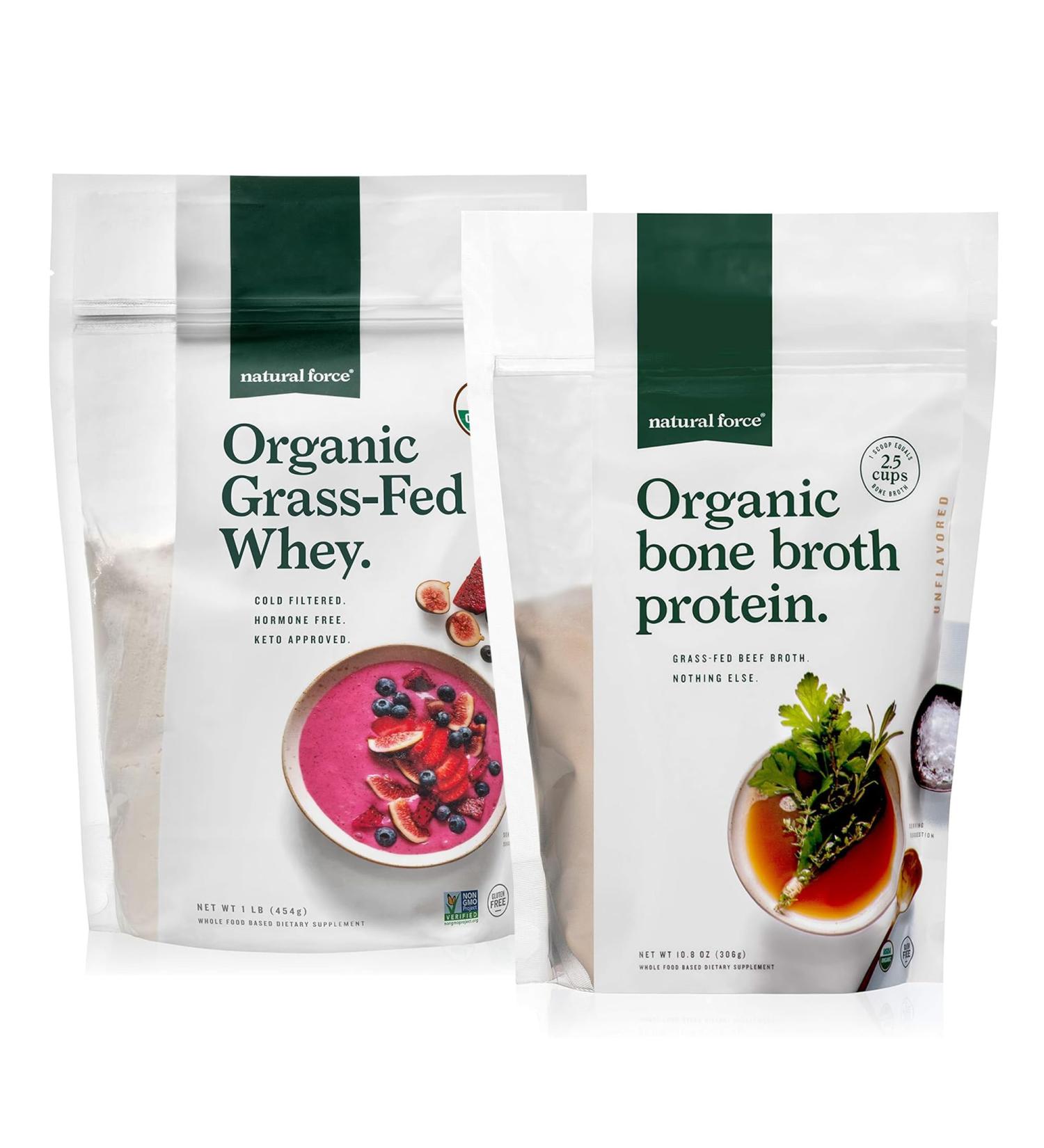 Natural Force Grass Fed Organic Whey Protein Powder Unflavored - 16 oz Pure Organic Bone Broth Protein Powder 10.8 oz - Buy Online on GoSupps.com