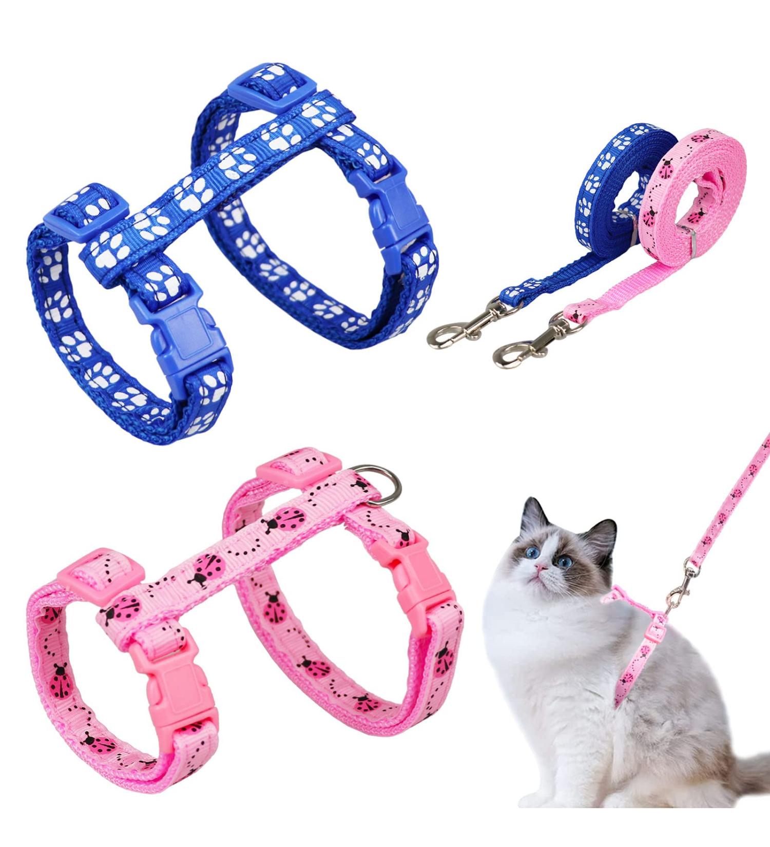 Adjustable Nylon Cat Leash Set - 2 Pieces with Lady Beetle Print & Soft Cat Dishes for Kittens Puppies & Rabbits - Pink & Blue - Buy Online on GoSupps.com