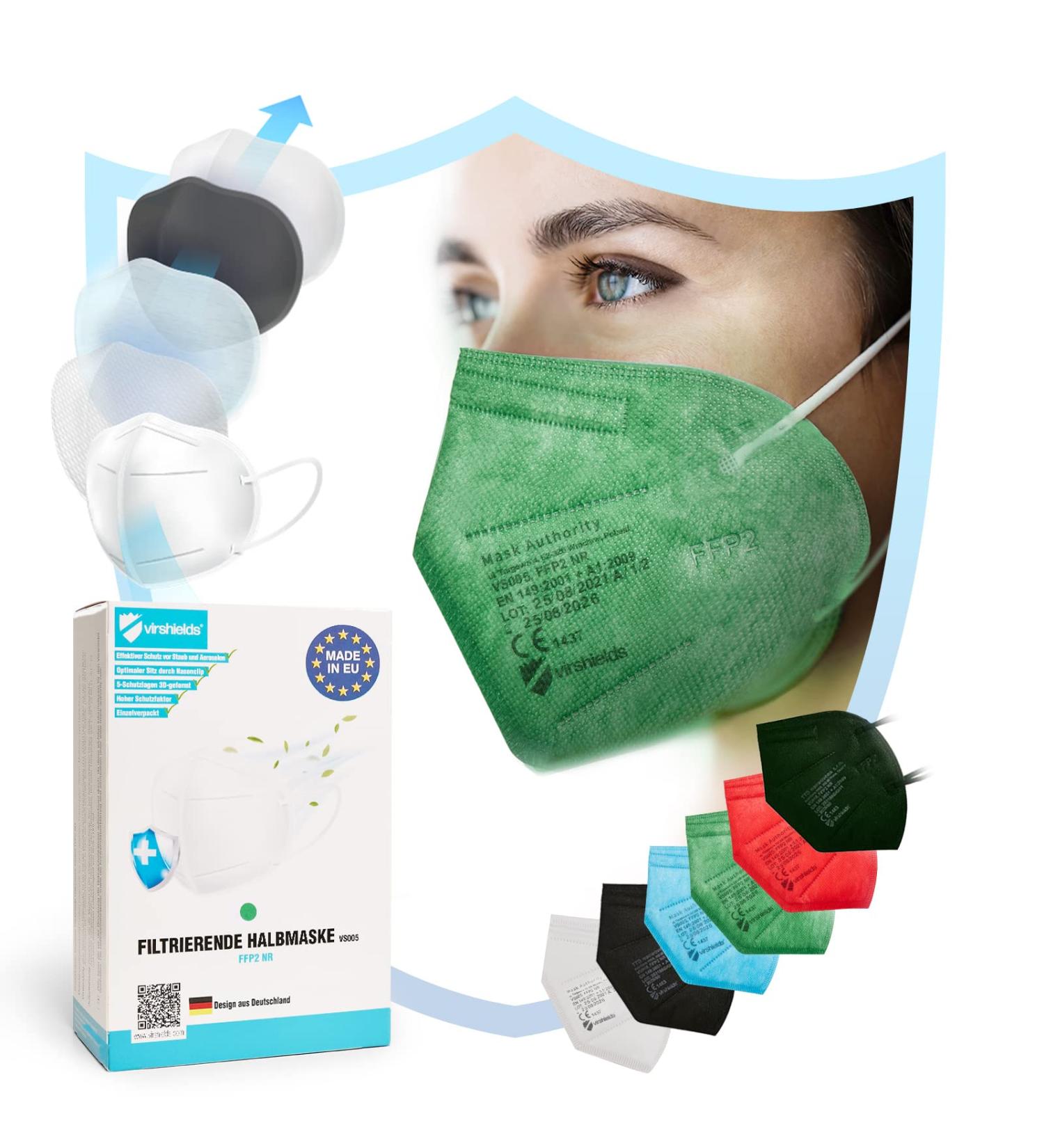 Buy Virshields FFP2 Masks - 5 Layer Protection (PFE 94% VFE 99.99%) | EN 149 Certified | Made in EU | Available in Green (50 Pack) - Ship Internationally - Buy Online on GoSupps.com