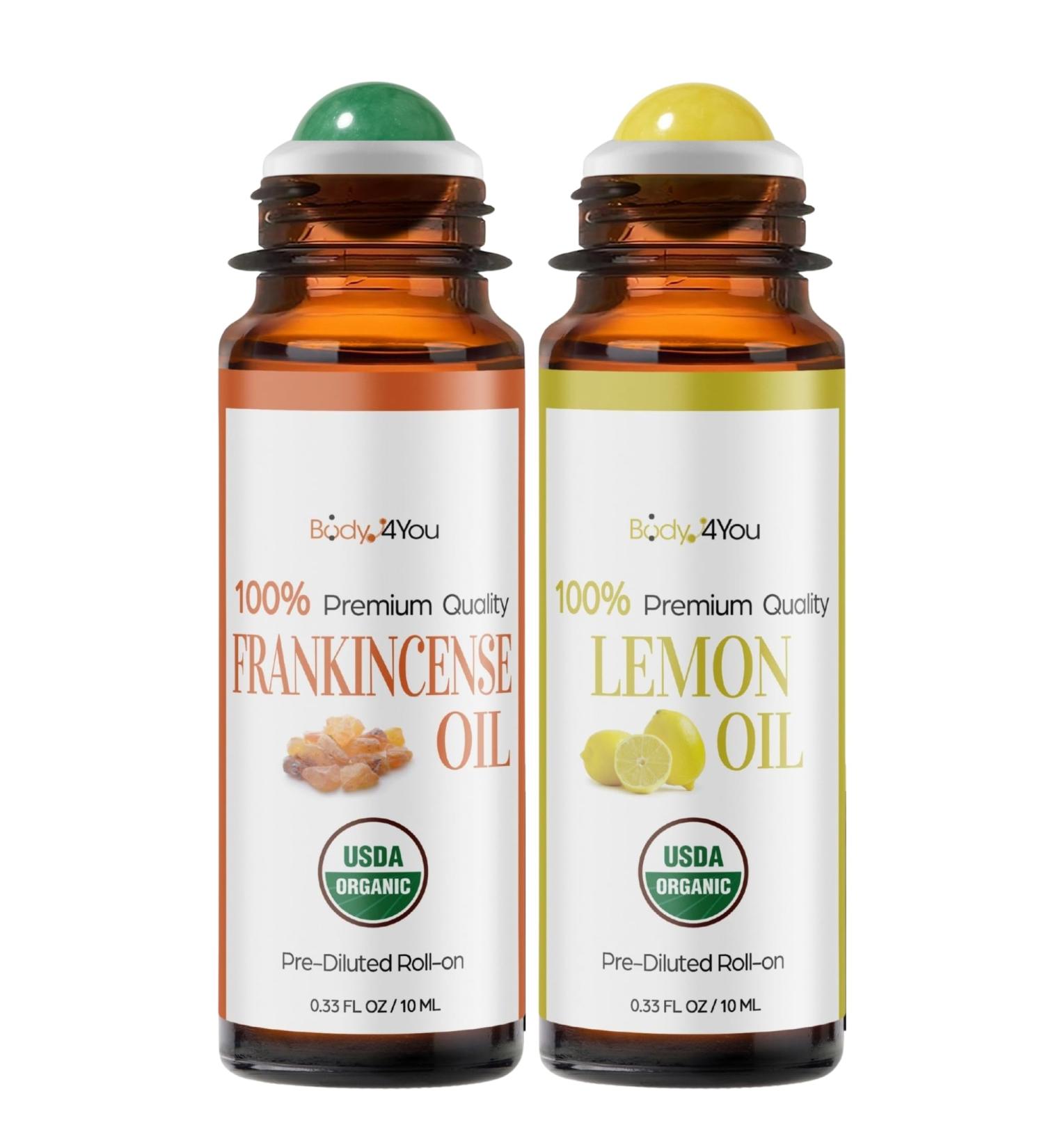 BodyJ4You Frankincense + Lemon Essential Oil Roll On Duo - Pure 100% USDA Organic MCT Coconut Oil - Green Aventurine and Yellow Jade Stone Rollers - Pulse Point Care Uplift Wrist Neck Cuticles - Amber - Buy Online on GoSupps.com