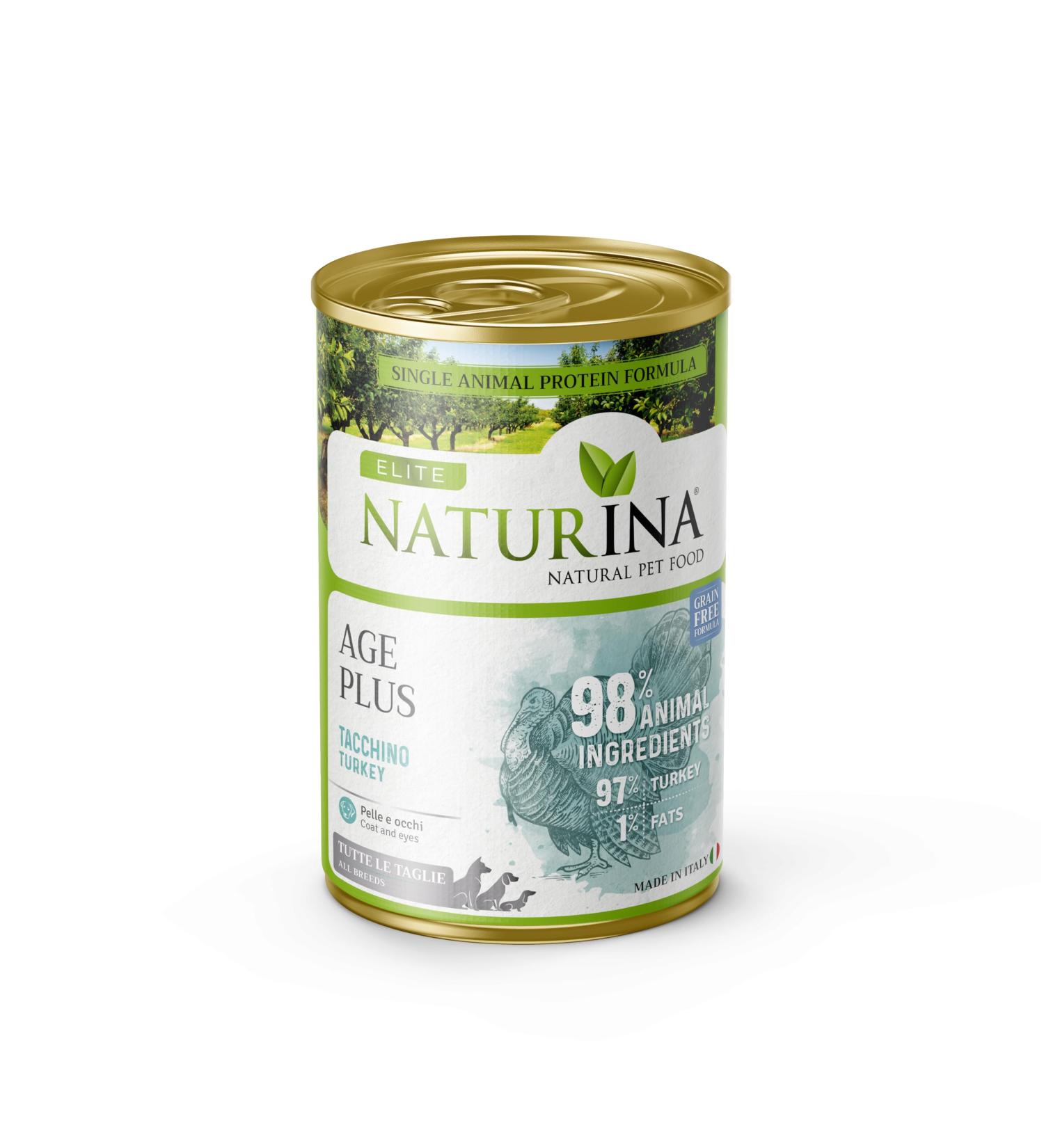 NATURINA - Elite Moist Age Plus for Adult Dogs Turkey with Turmeric and Green Tea Grain Free for Shiny Coat and Eye Well-Being for All Sizes Made in Italy 12 Cans of