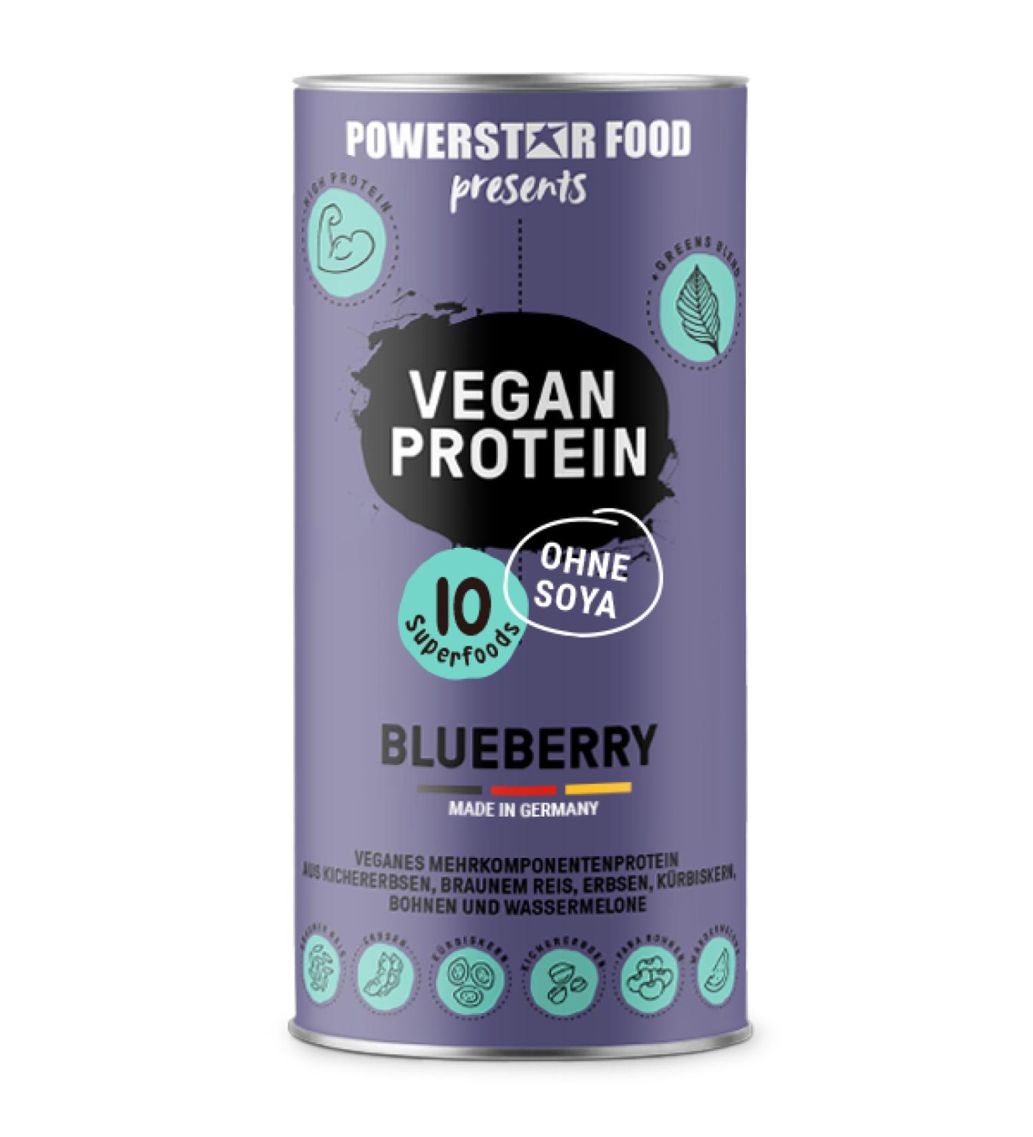 Powerstar Vegan Protein 500g | Soy-Free Multi-Component Protein Powder with 10 Superfoods | German Quality | Ideal for Muscle Building | Blueberry Flavor - Buy Online on GoSupps.com