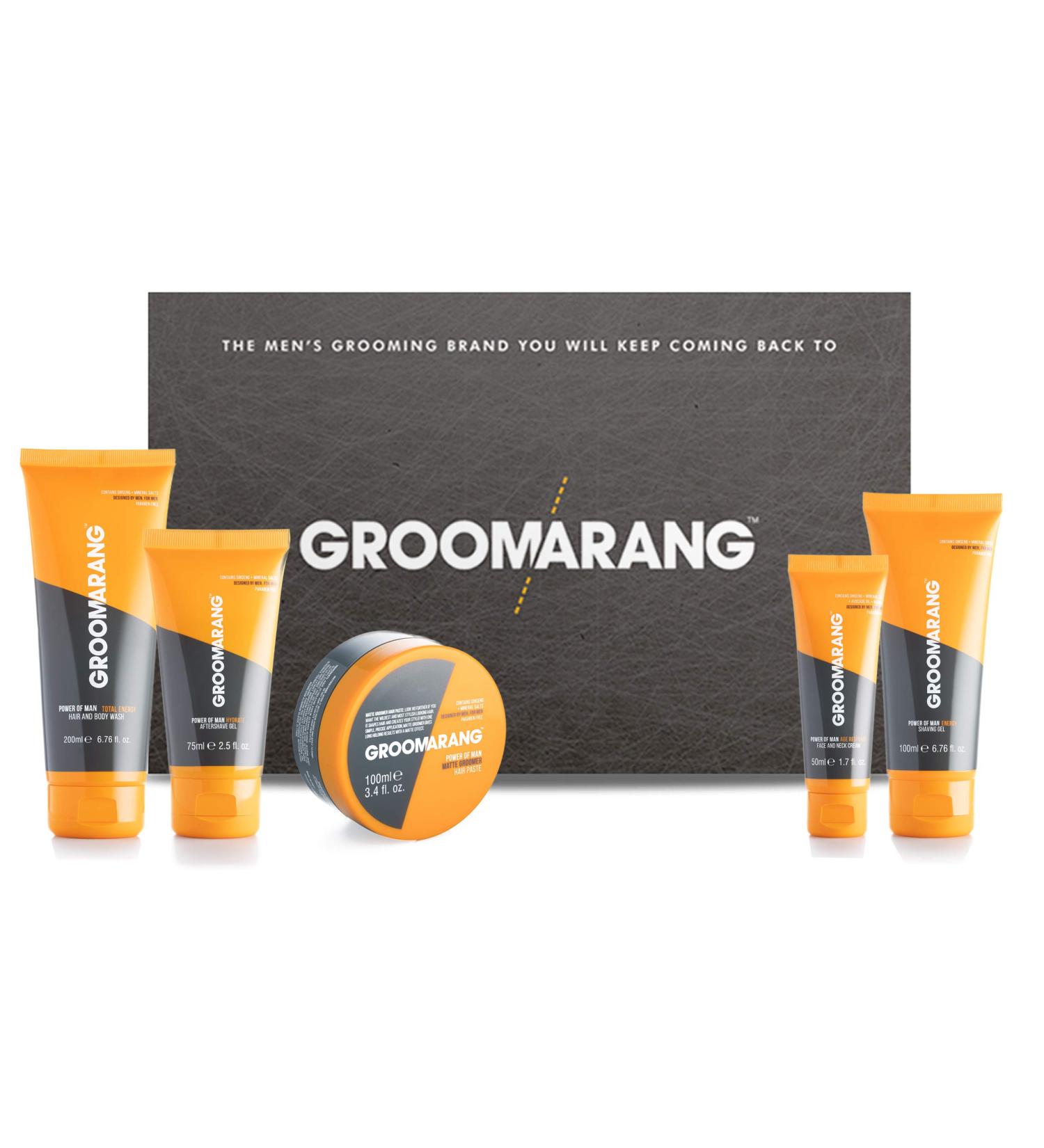 Mens Toiletry Gift Set GROOMARANG Power of Man Toiletries Gift Set for Men Includes Hair & Body Wash Face & Neck Cream Shaving Gel Aftershave Gel & Hair Paste - Buy Online on GoSupps.com