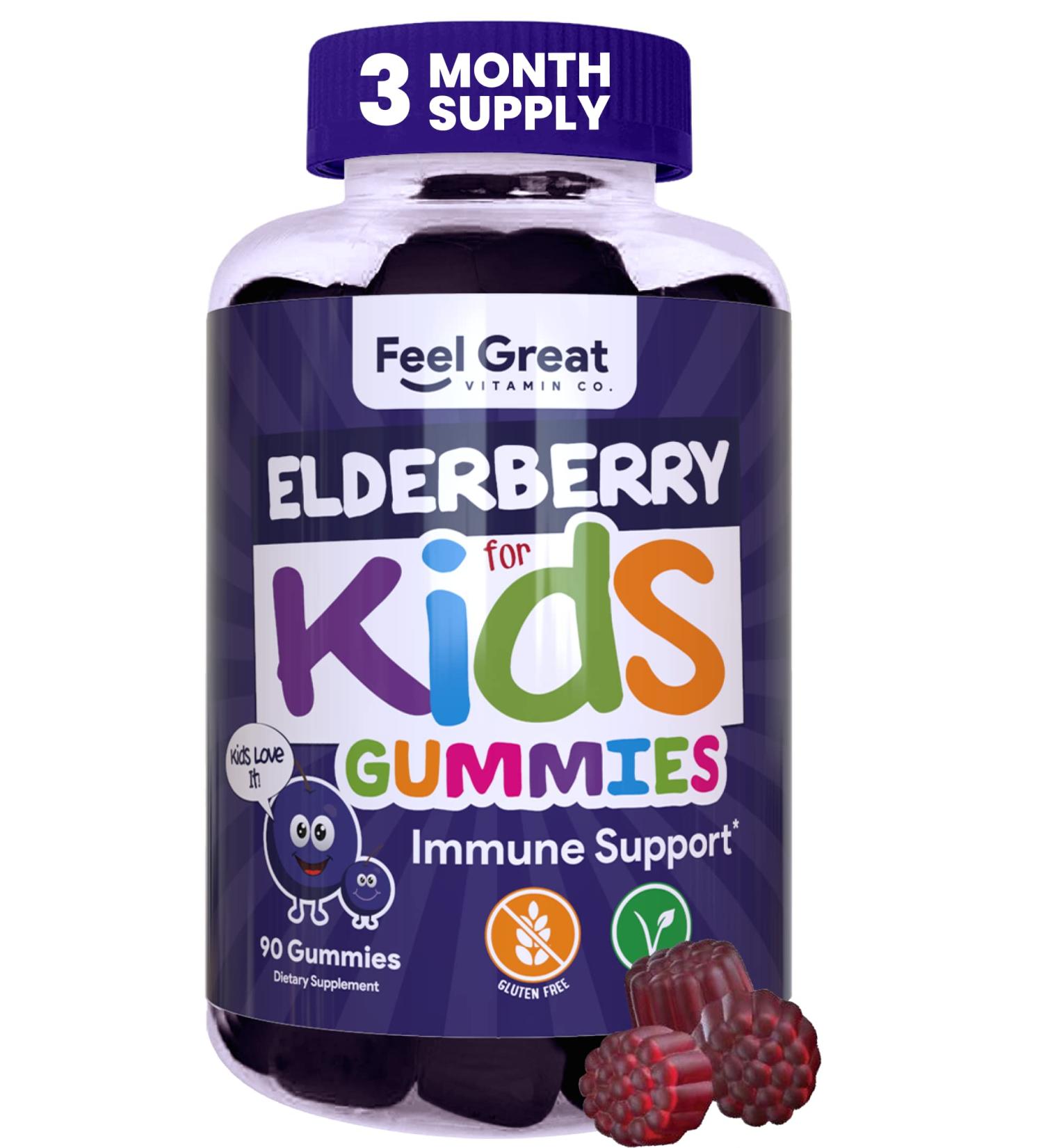 Feel Great Vitamin Co. Elderberry Gummies for Kids | Vegan Immune Support | Gluten Free with Zinc & Vitamin C | 90 Gummies - Buy Online on GoSupps.com