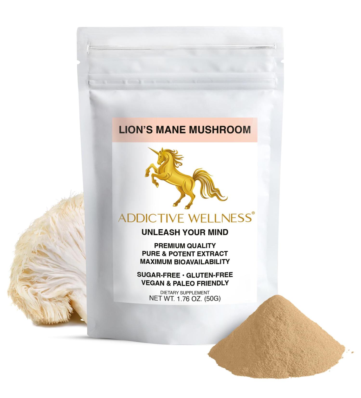 Addictive Wellness Lions Mane Supplement Powder, Premium Quality Lions Mane Mushroom Powder Dual-Extract Nootropic, Sugar Free, Vegan & Paleo Friendly Lion's Mane Mushroom Supplement - 1500 mg 1.76 Ounce (Pack of 1) - Buy Online on GoSupps.com